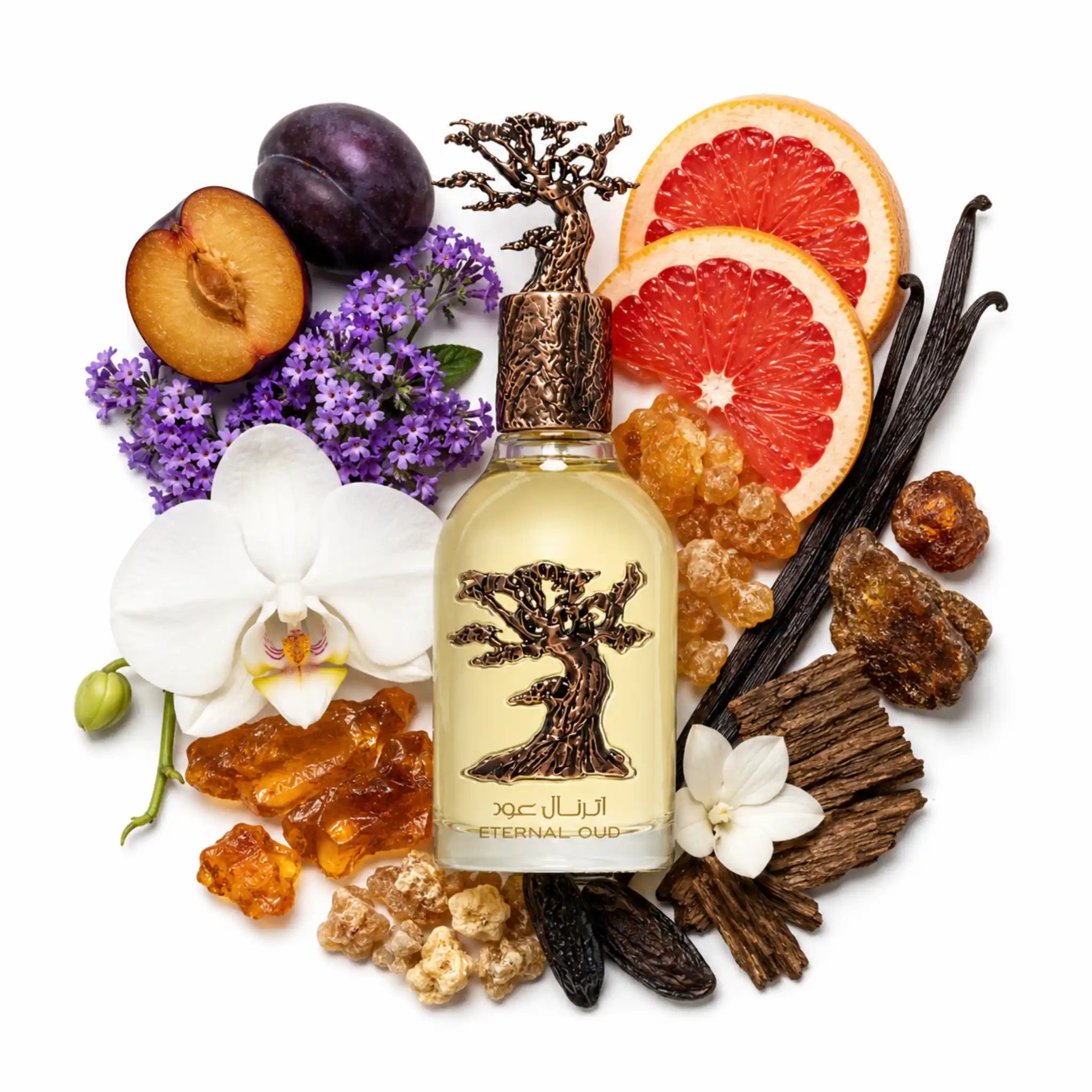 Eternal_Oud_Lattafa_Eau_de_Parfum_Unisex_Fondo_Blanco_Madera_Almizcle