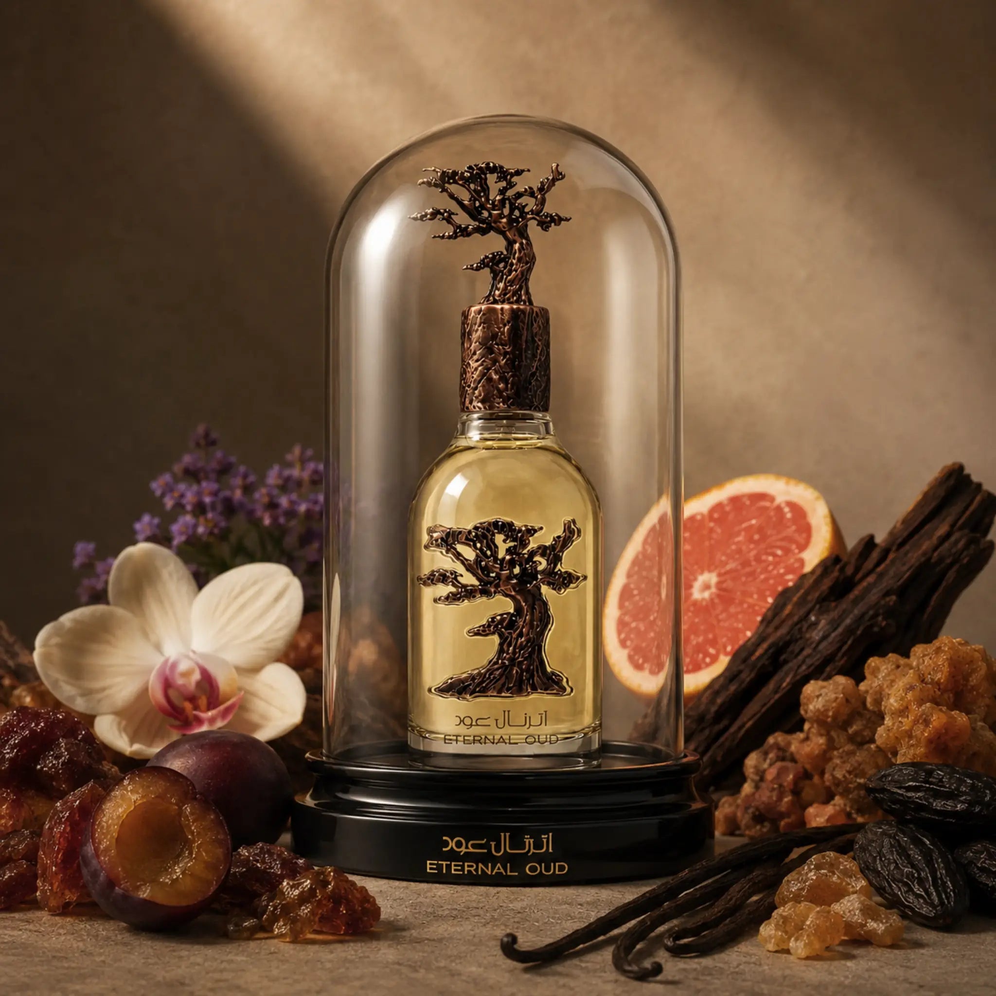 Eternal Oud Lattafa Eau de Parfum Unisex con fondo creativo con arboles