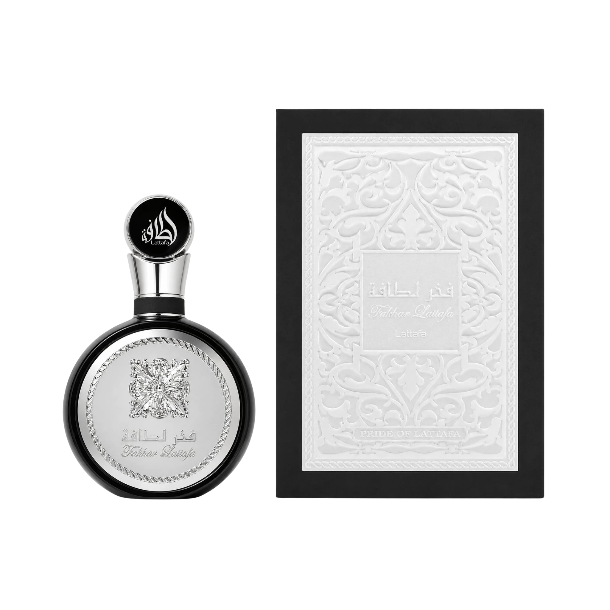 Foto frontal del Fakhar Black Lattafa Eau de Parfum Para Hombre fondo blanco con su caja
