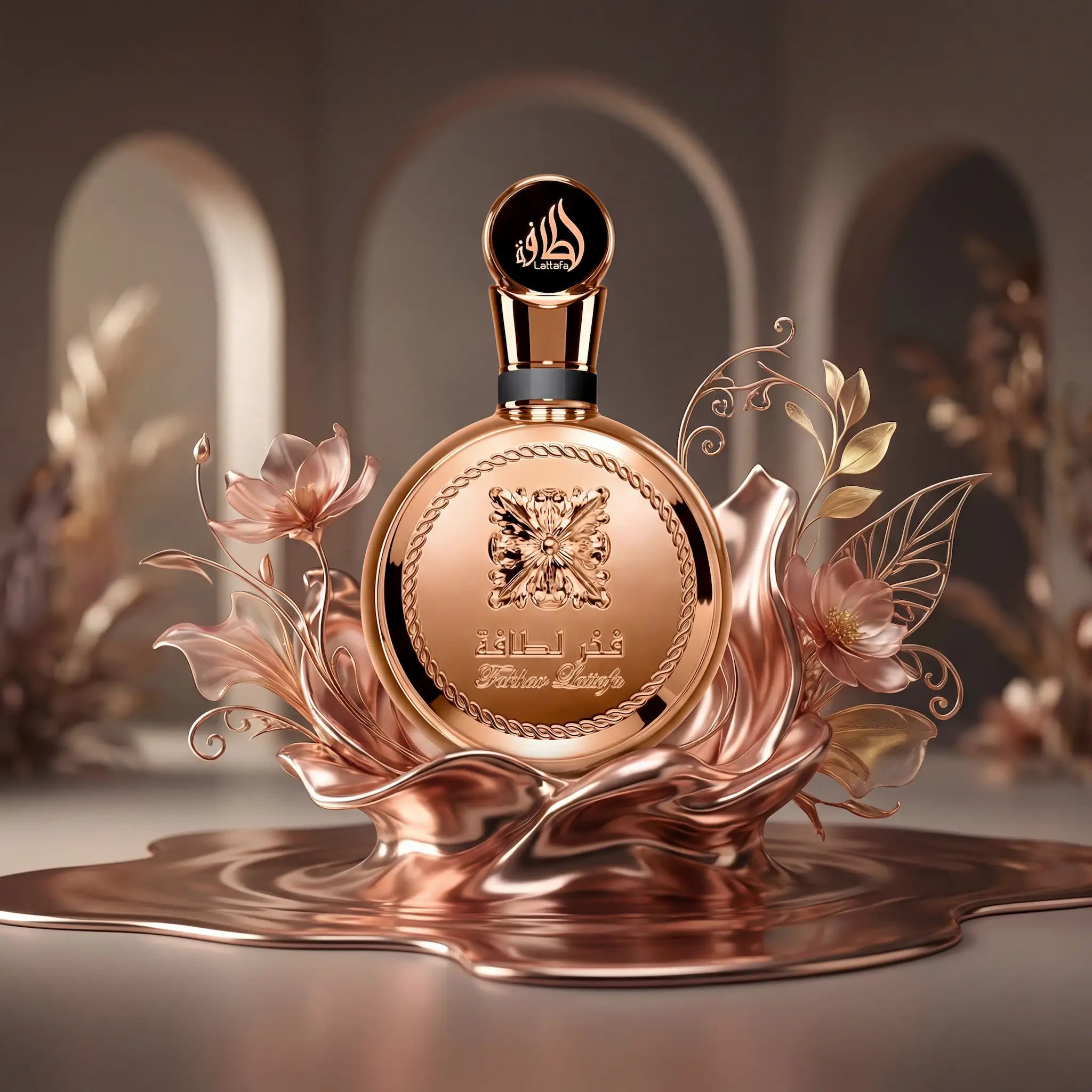 Fakhar Extrait Lattafa Eau de Parfum Para Hombre con fondo creativo de rosas