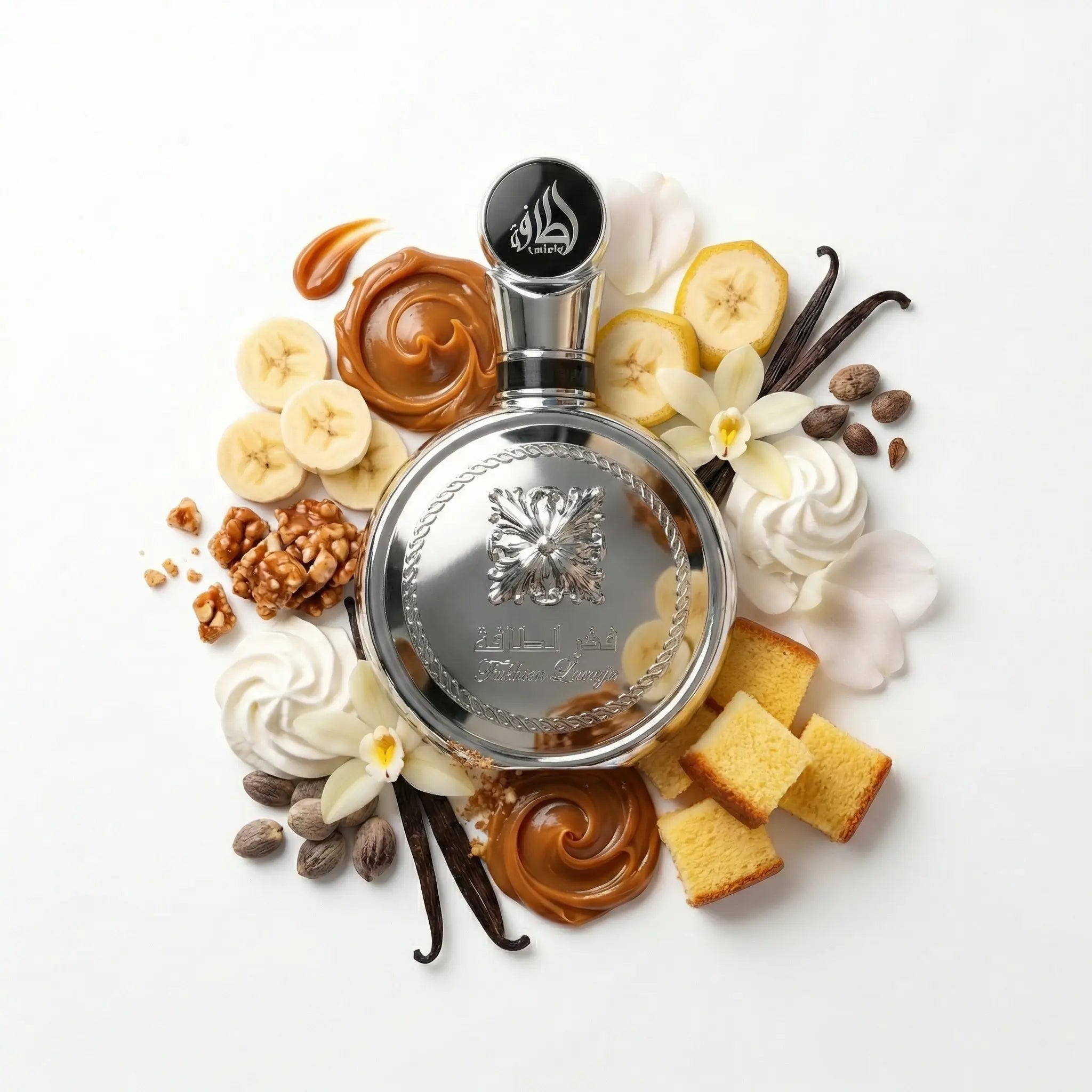 Fakhar Platin Lattafa Eau de Parfum Para Hombre con fondo de ingredientes