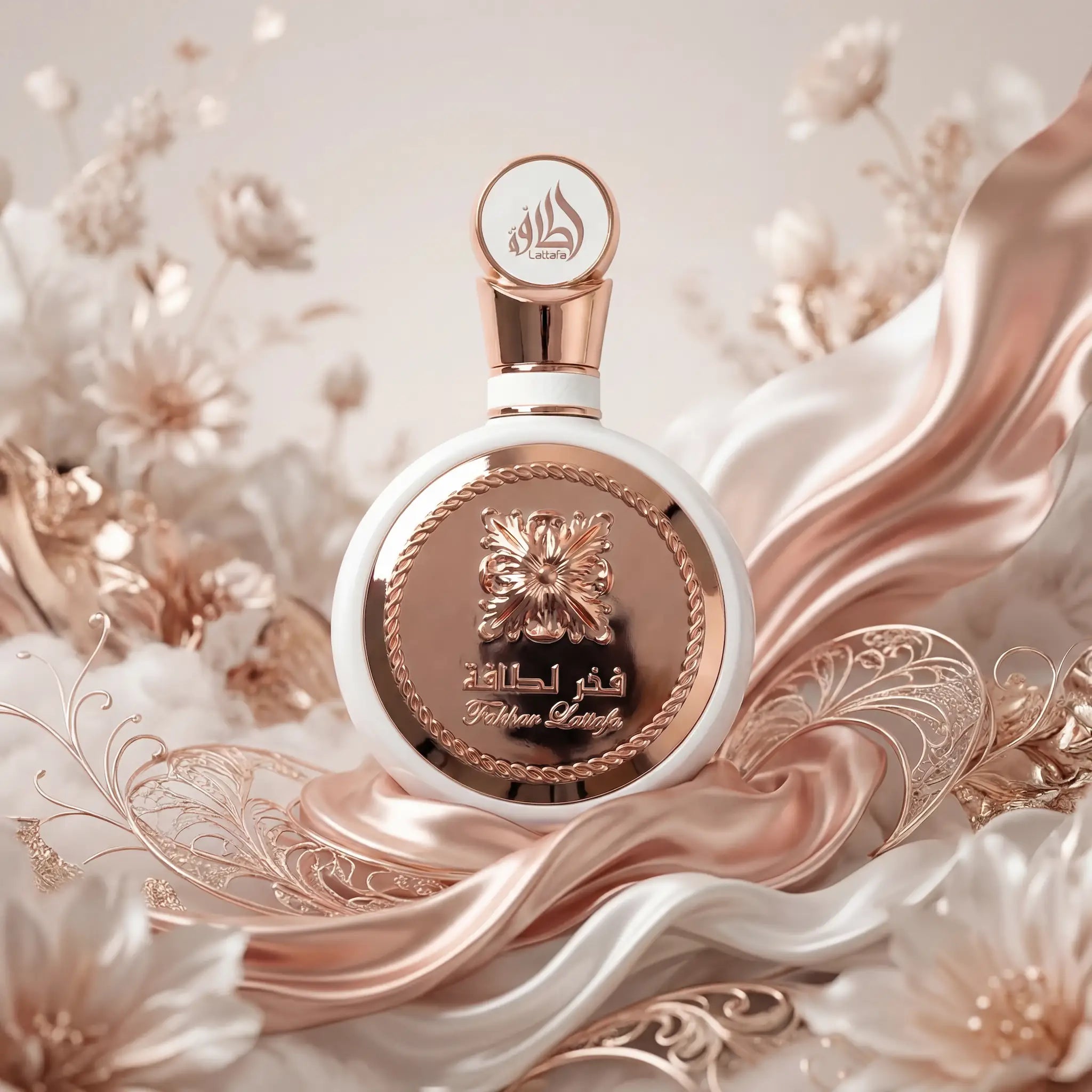Fakhar Rose Lattafa Eau de Parfum Para Mujer con fondo creativo con flores