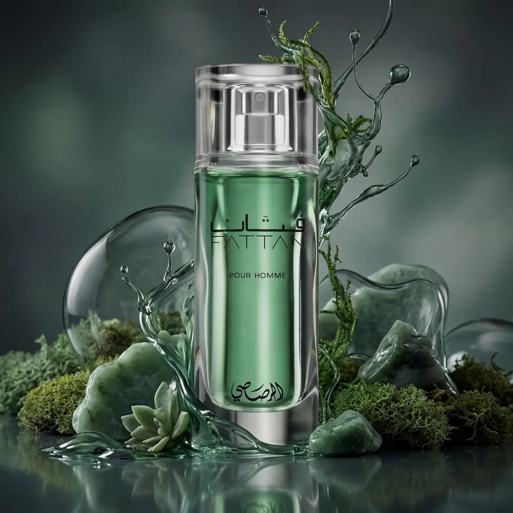 Fattan Pour Homme Rasasi Eau de Parfum Para Hombre con fondo creativo aquático
