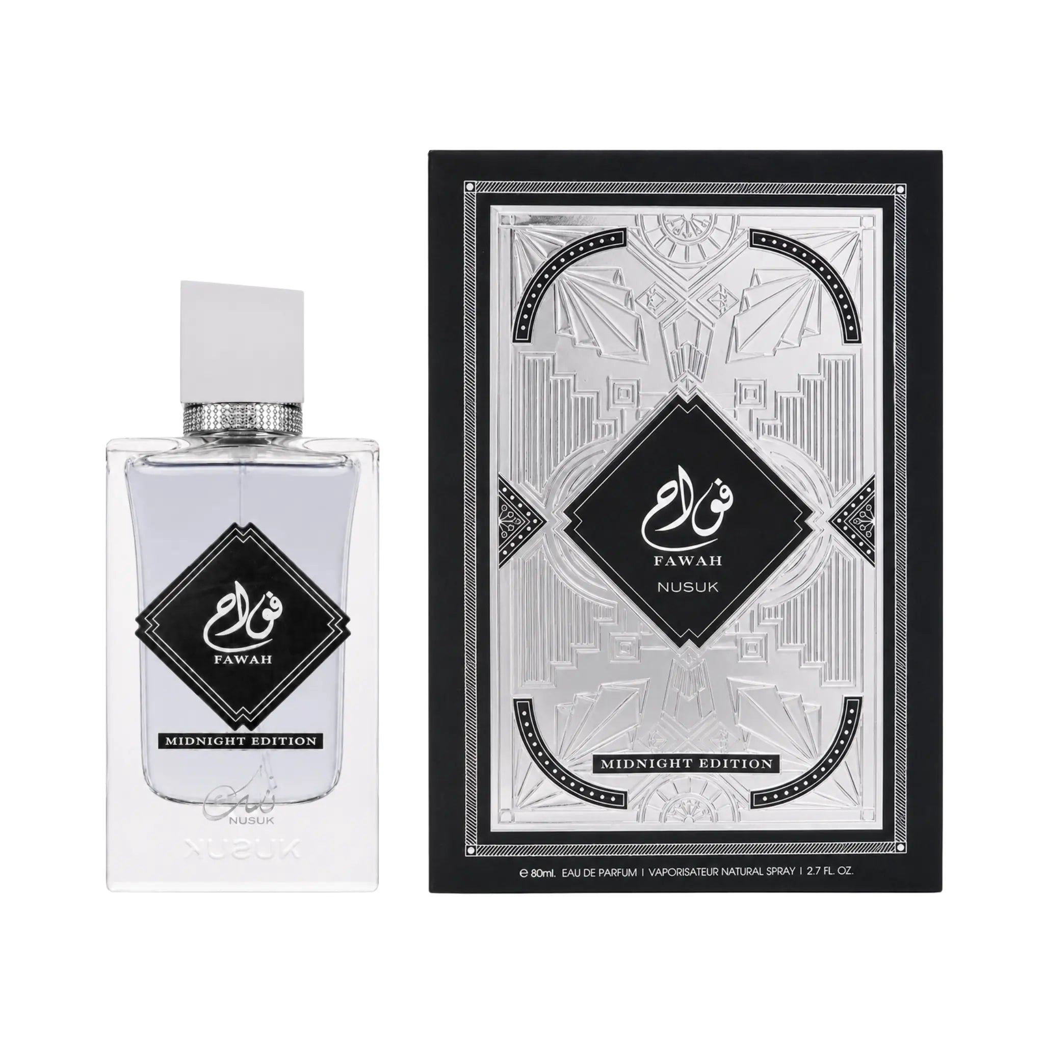 Caja y botella de Fawah Midnight Edition Nusuk Eau de Parfum