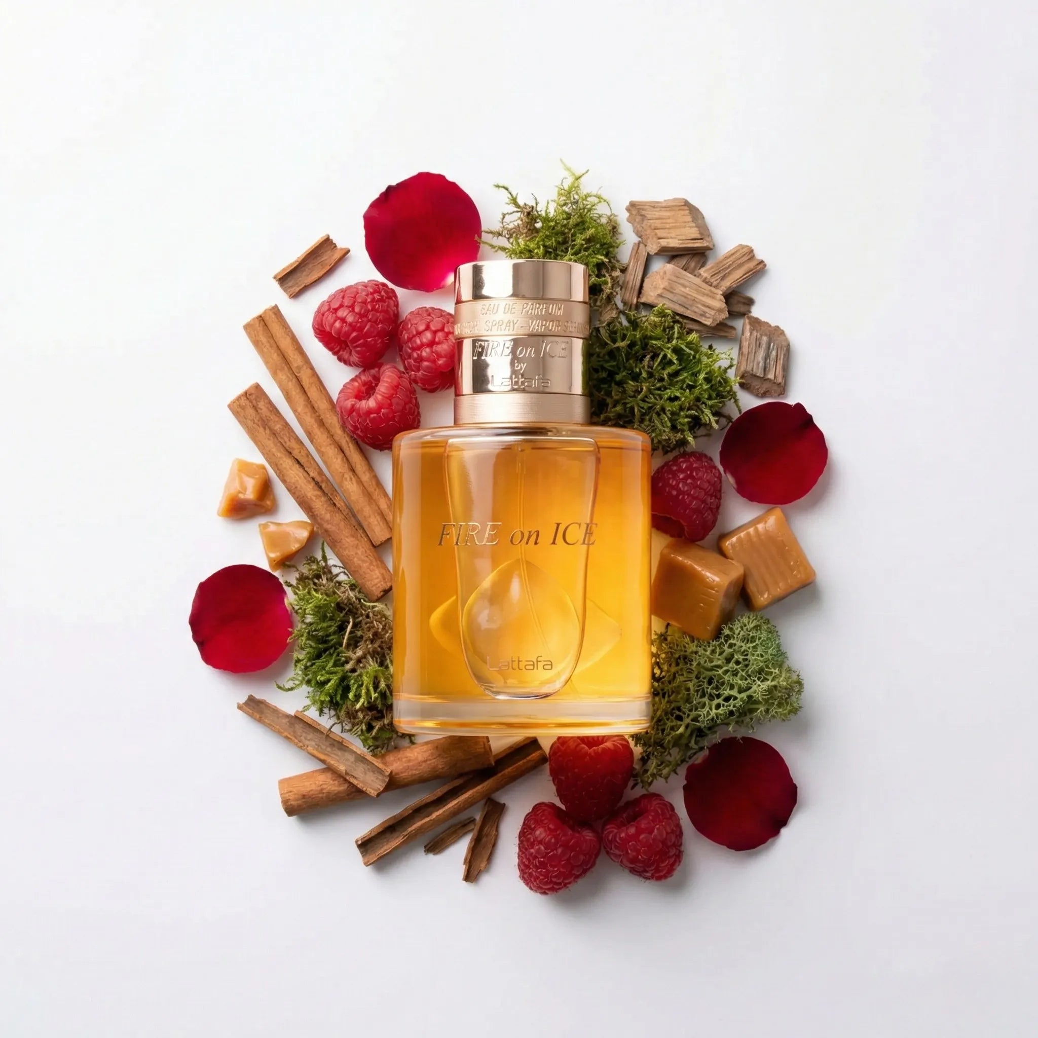 Fire On Ice Lattafa Eau de Parfum Unisex con fondo de ingredientes
