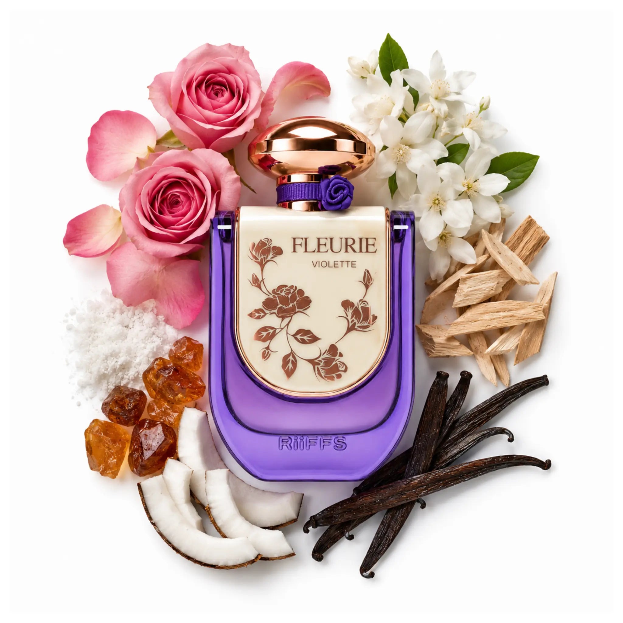 Fleurie Violette Riiffs Eau de Parfum con fondo de ingredientes