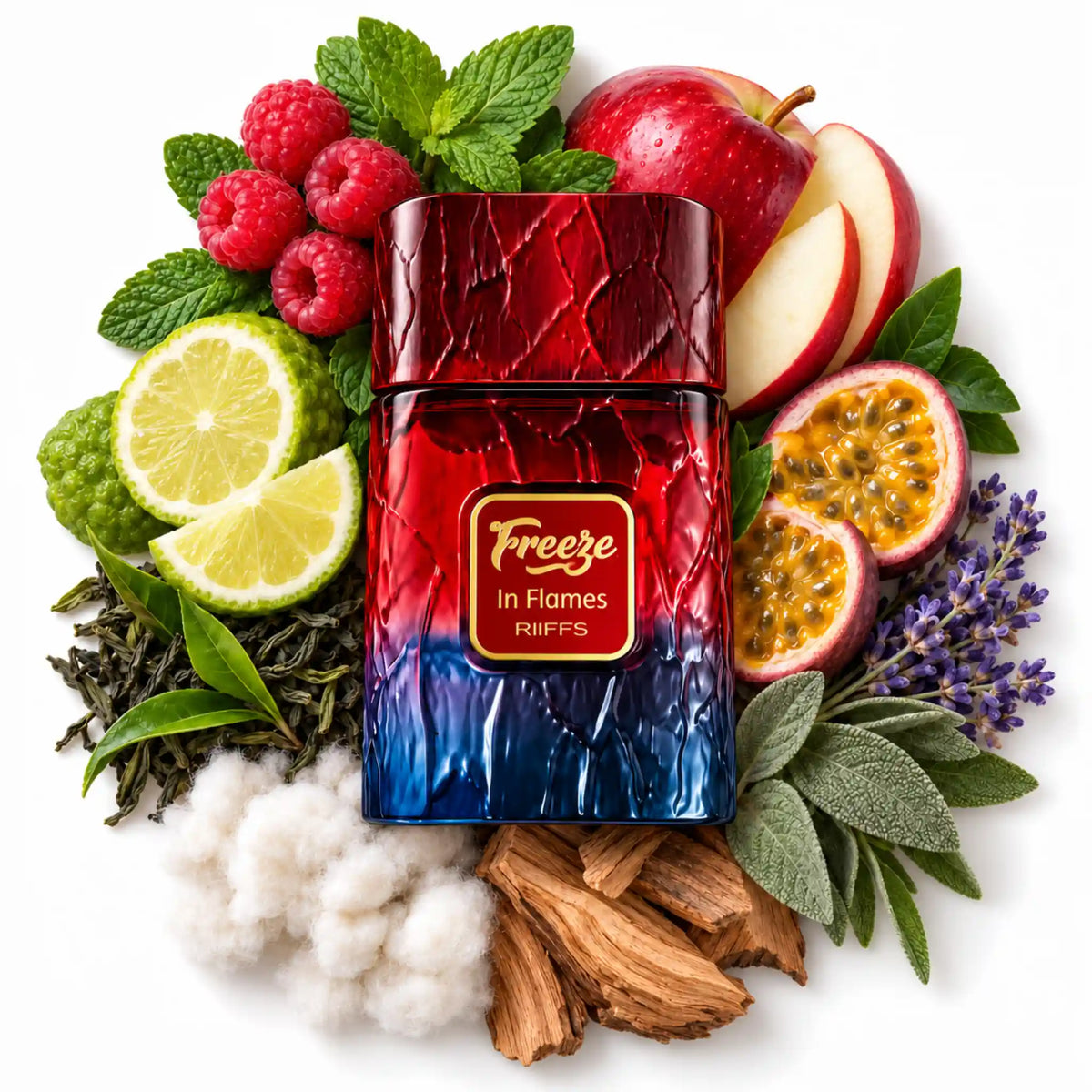 Ingredientes y botella de Freeze in flames Riiffs Extrait de Parfum