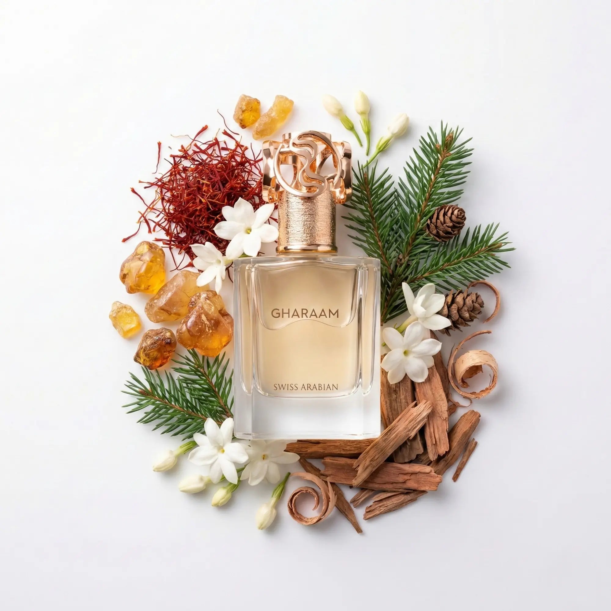 Gharaam_Swiss_Arabian_Eau_de_Parfum_Unisex_Fondo_Blanco_Azafran_Jazmin