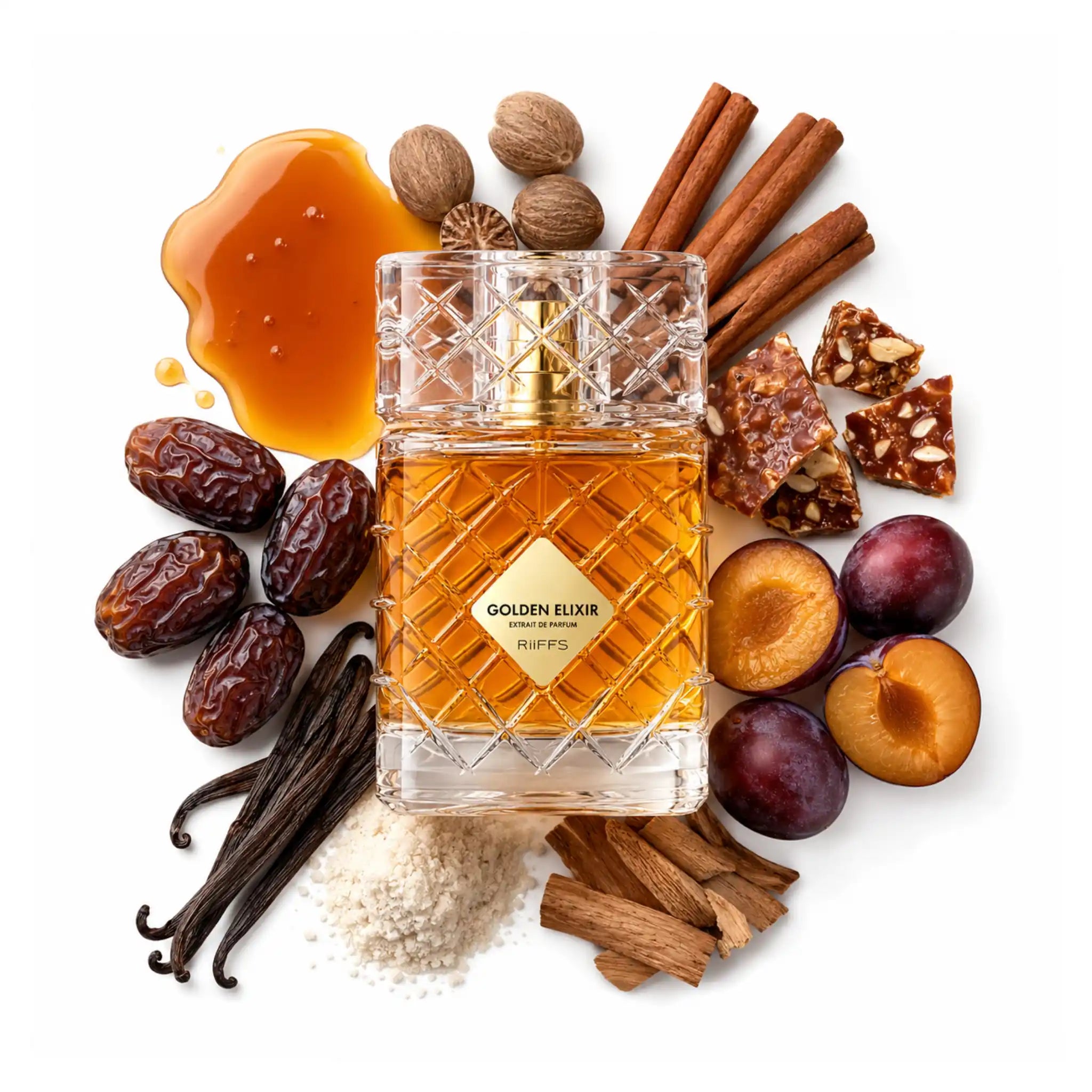 Golden Elixir Riiffs Extrait de Parfum con fondo con ingredientes y notas