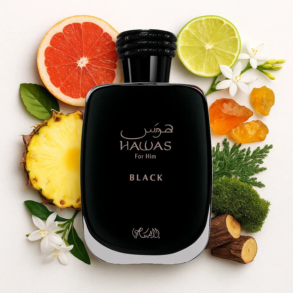 Hawas Black Rasasi Eau de Parfum Para Hombre con fondo de ingredientes