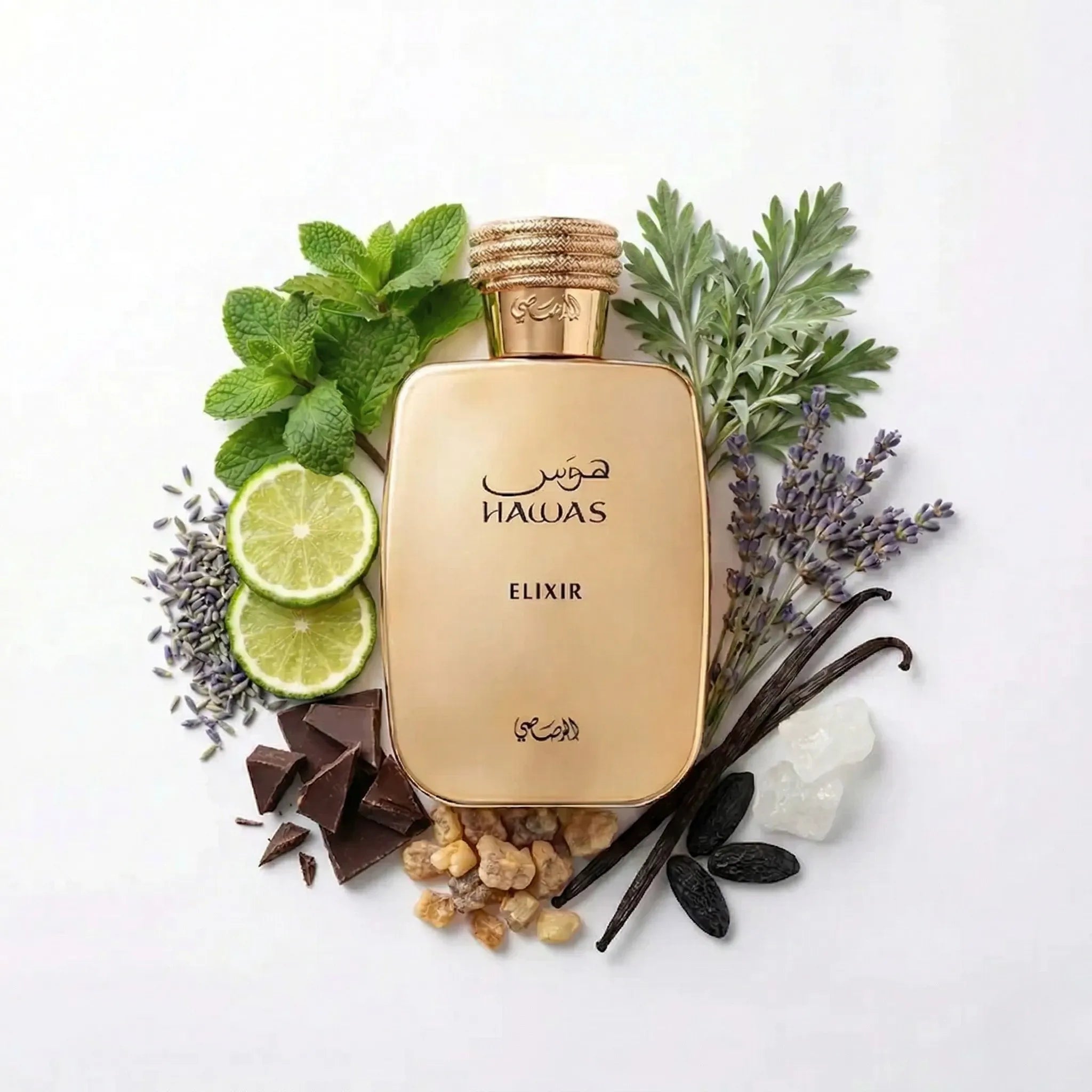 Hawas Elixir Rasasi Eau de Parfum Para Hombre con fondo de ingredientes