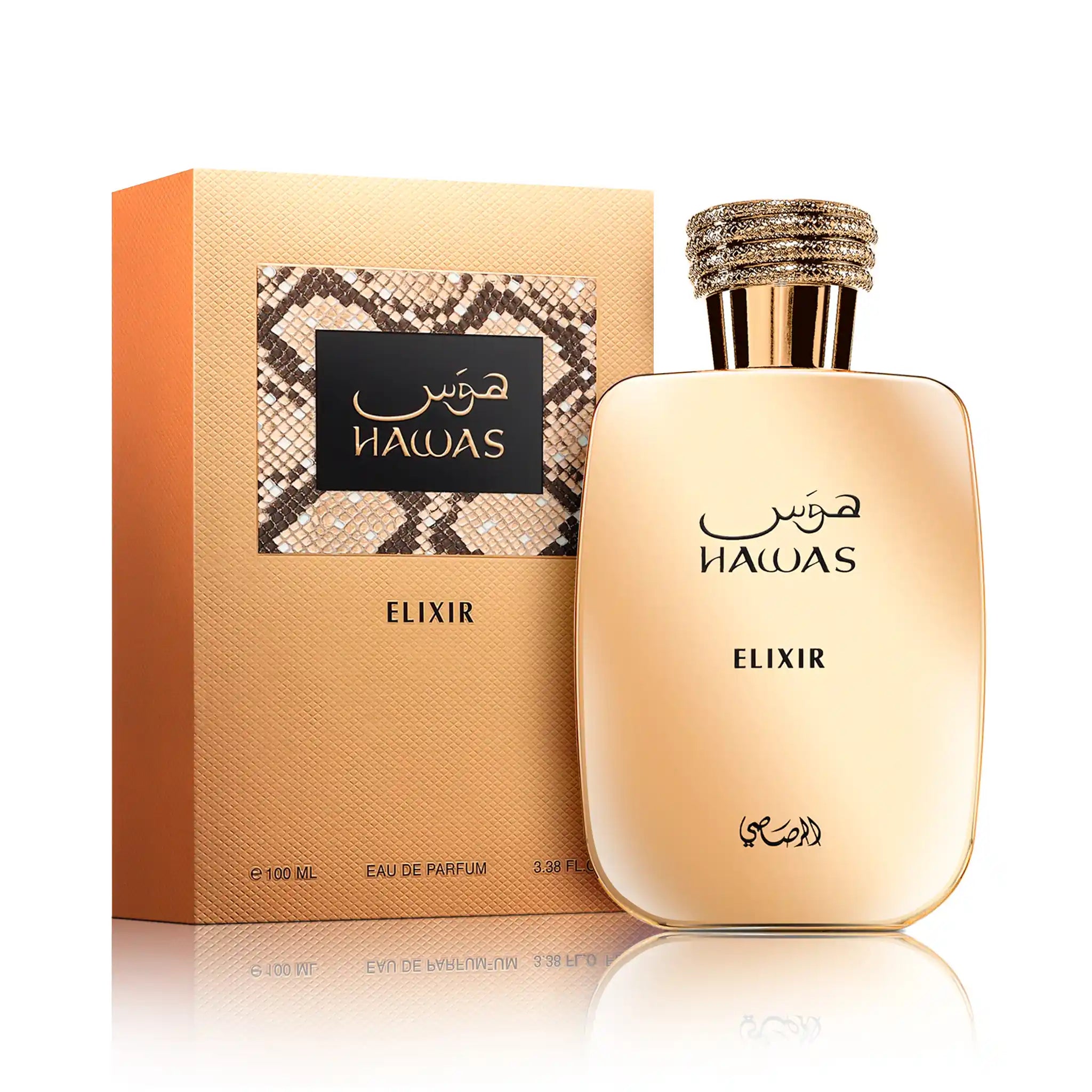 Frasco y caja de Hawas Elixir Rasasi Eau de Parfum Para Hombre