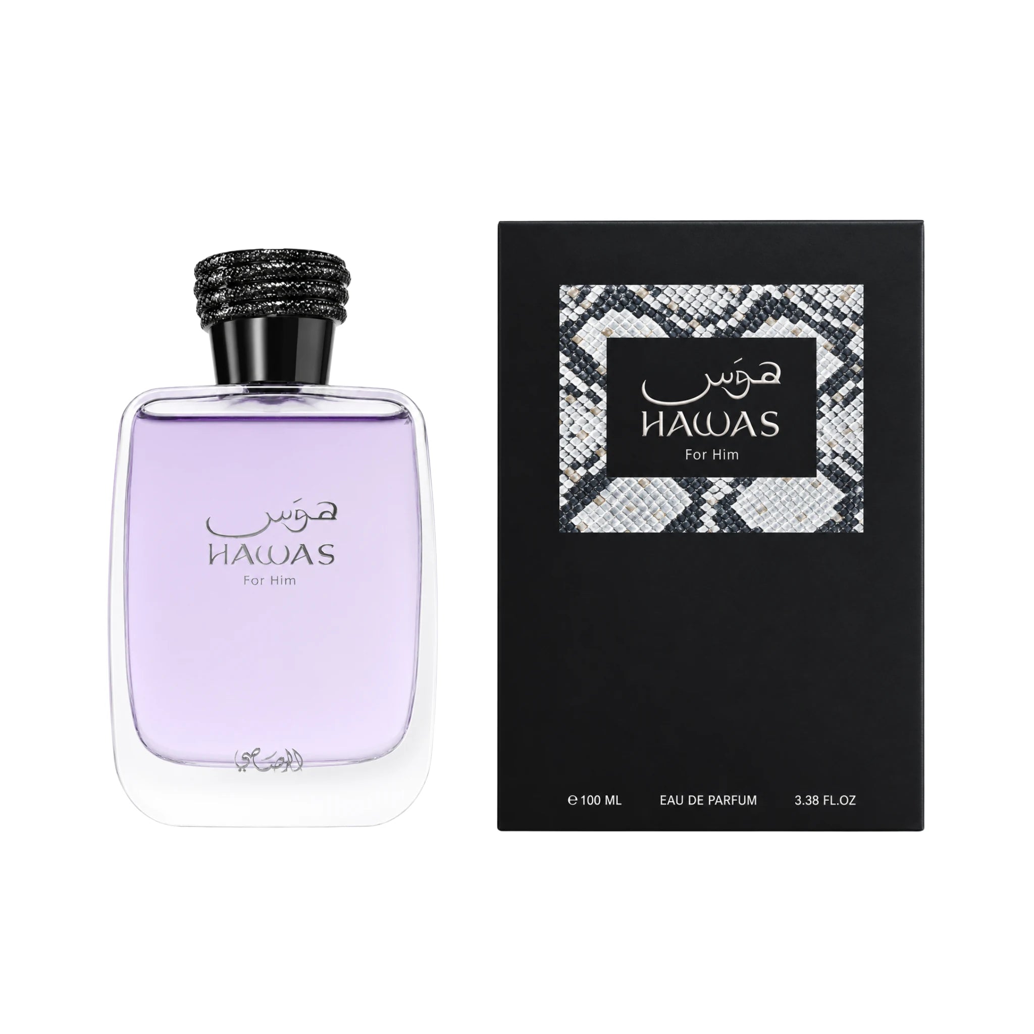 Frontal del Hawas For Him Rasasi Eau de Parfum Para Hombre fondo blanco con su caja