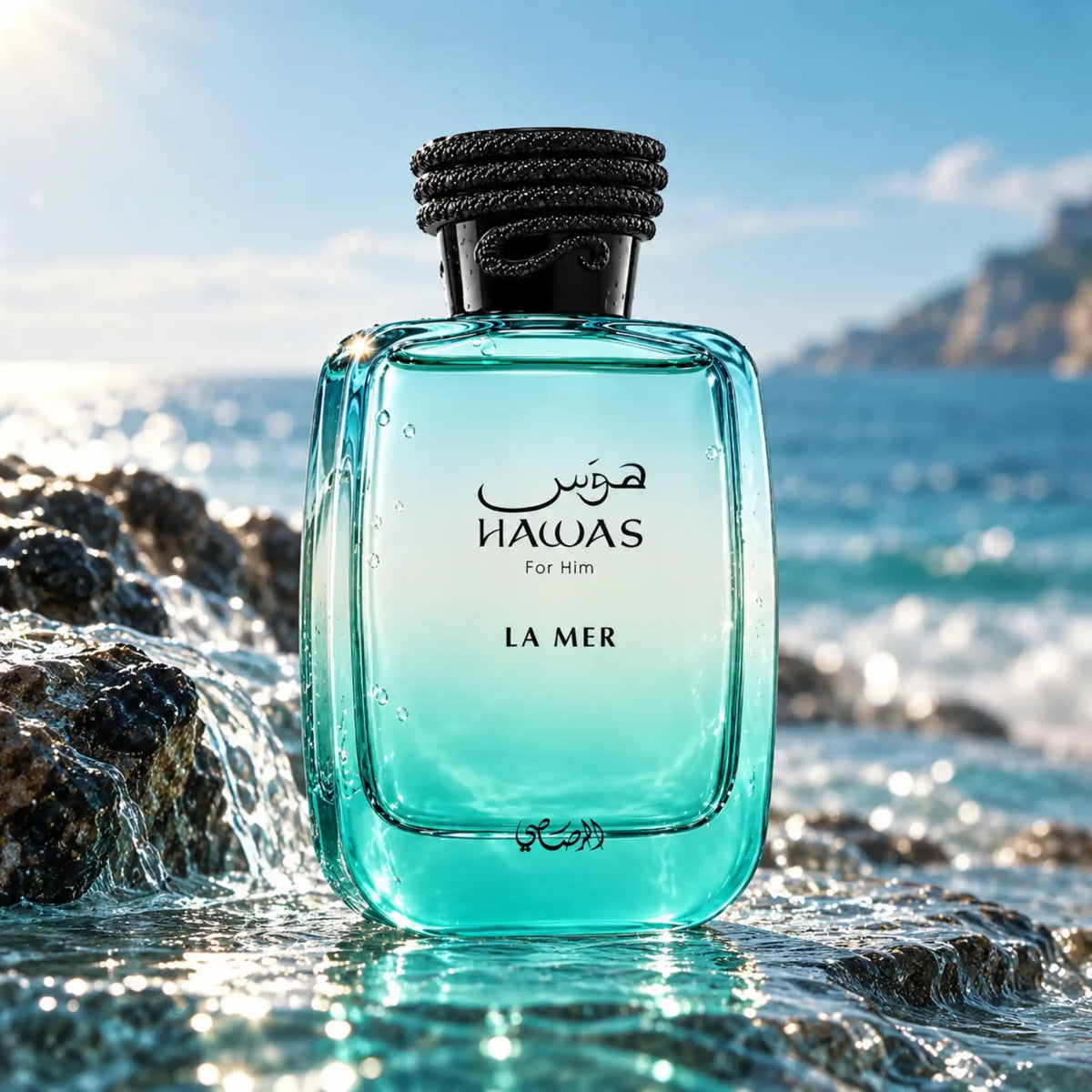 Hawas La Mer Rasasi Eau de Parfum con fondo acuatico