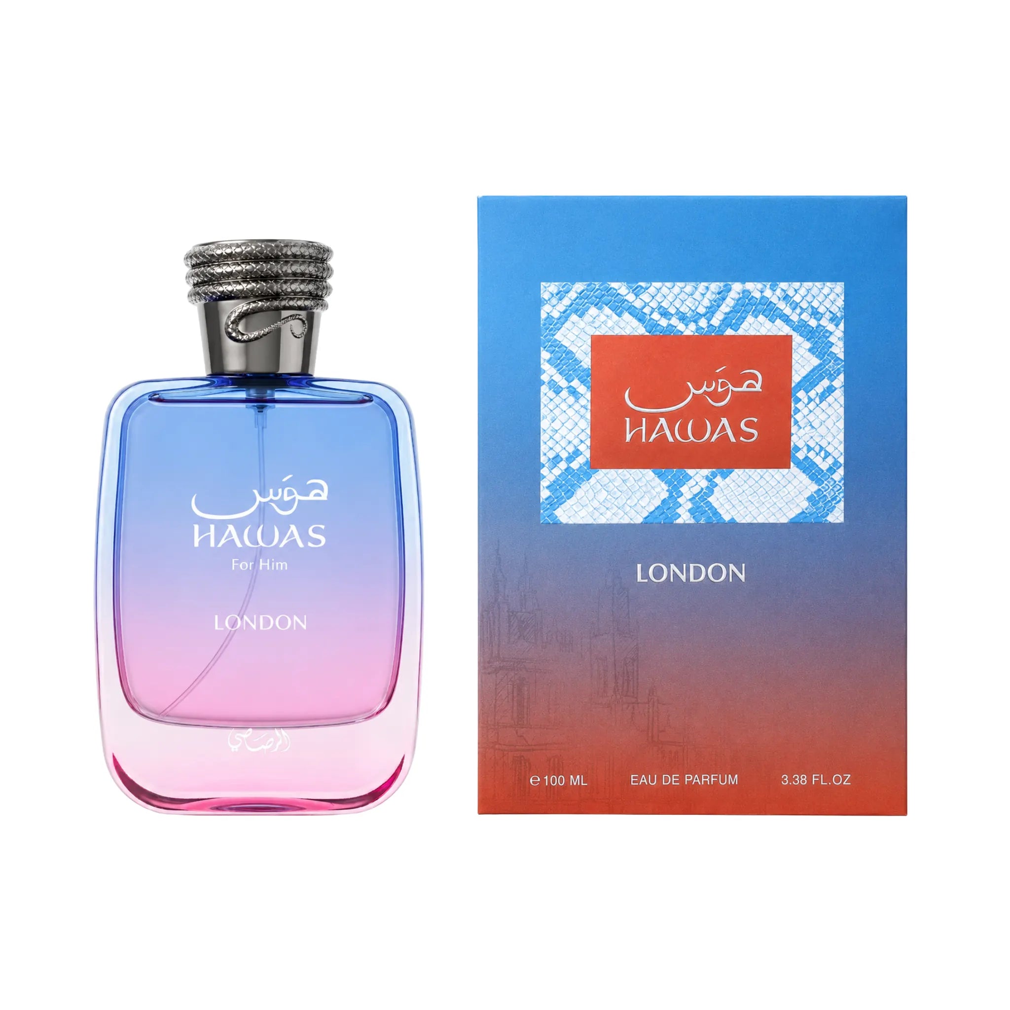 Caja y botella de Hawas London Rasasi Eau de Parfum