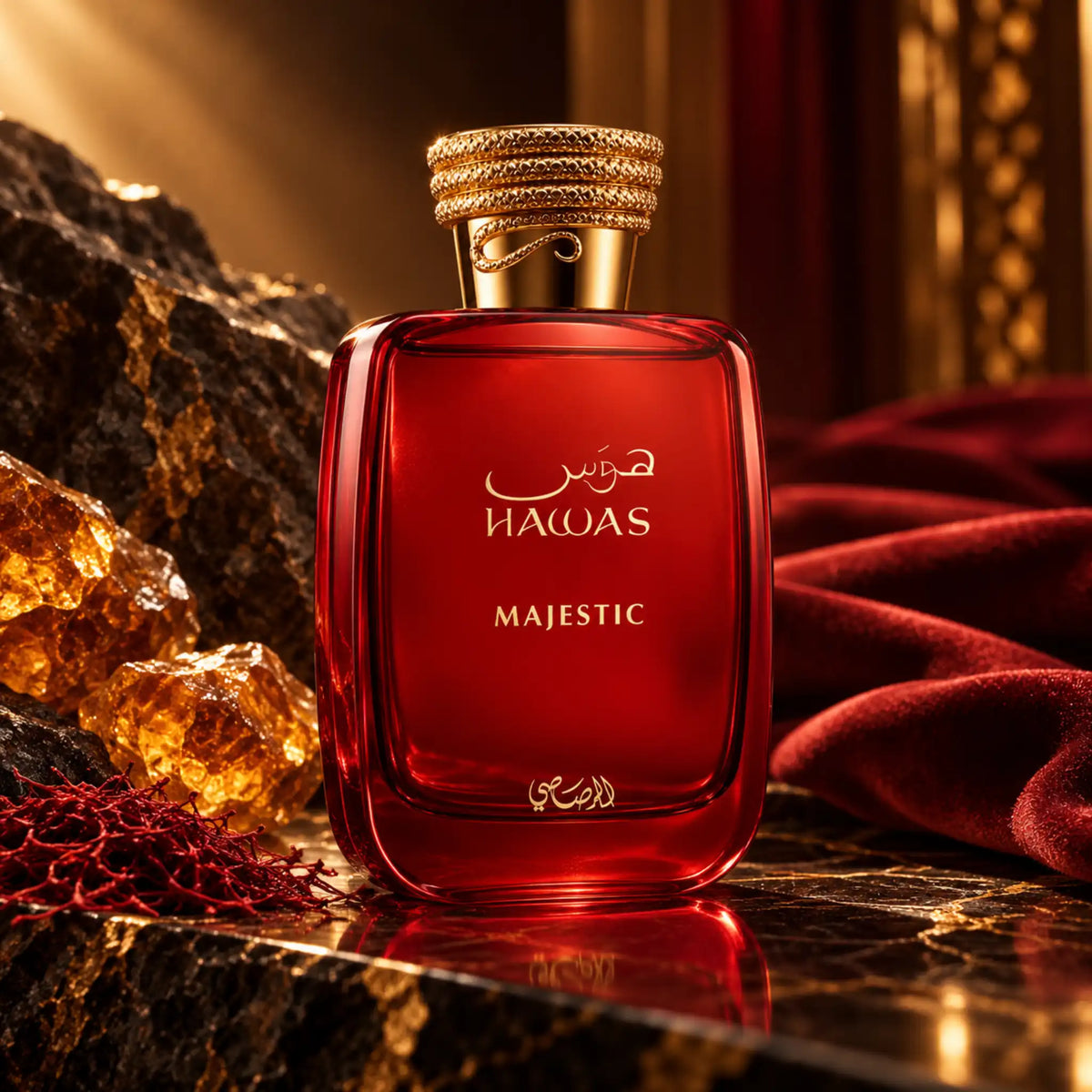 Hawas Majestic Rasasi Eau de Parfum con fondo creativo