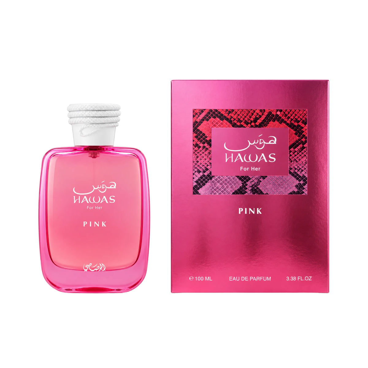 Botella y caja Hawas Pink Rasasi Eau de Parfum