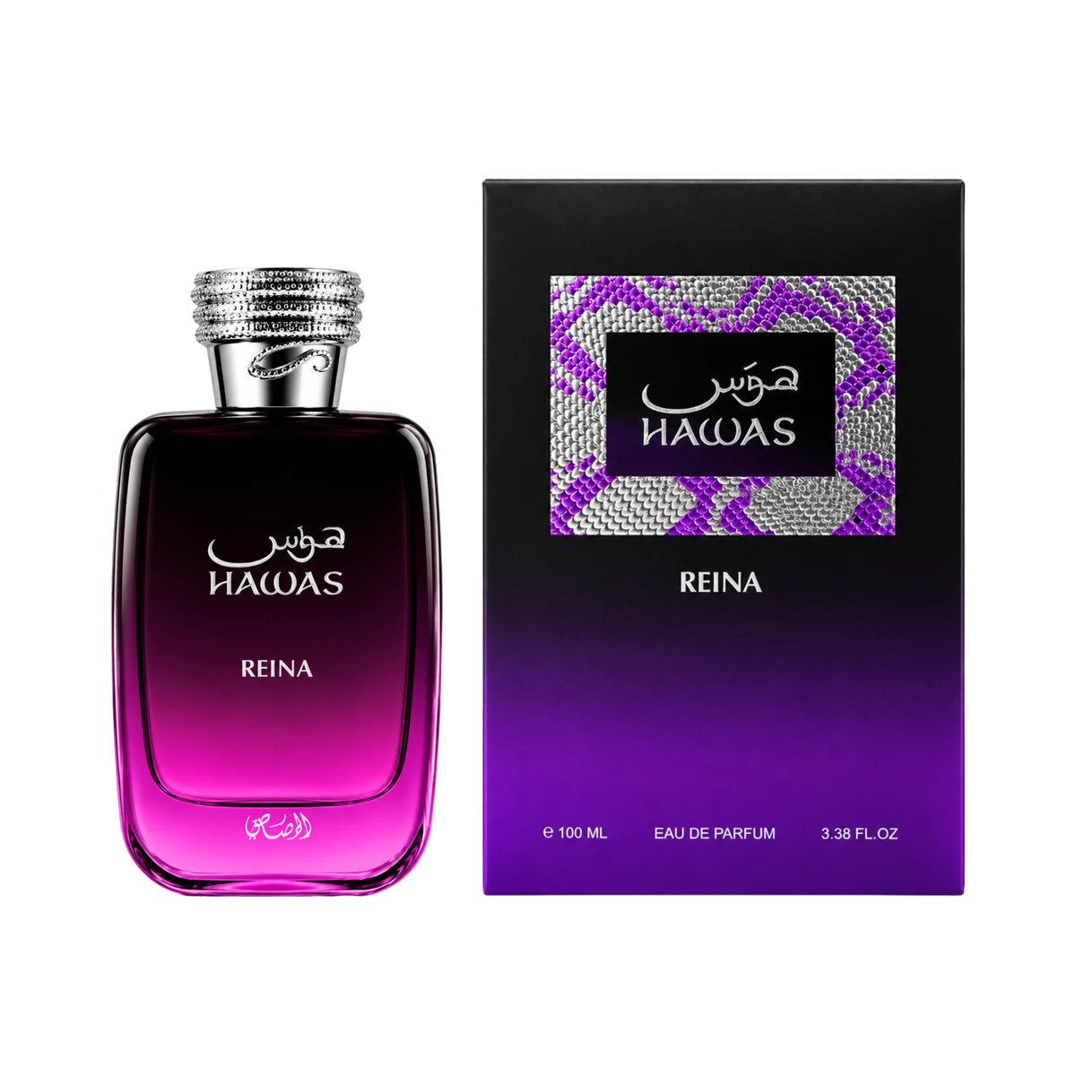 Botella y caja de Hawas Reina Rasasi Eau de Parfum