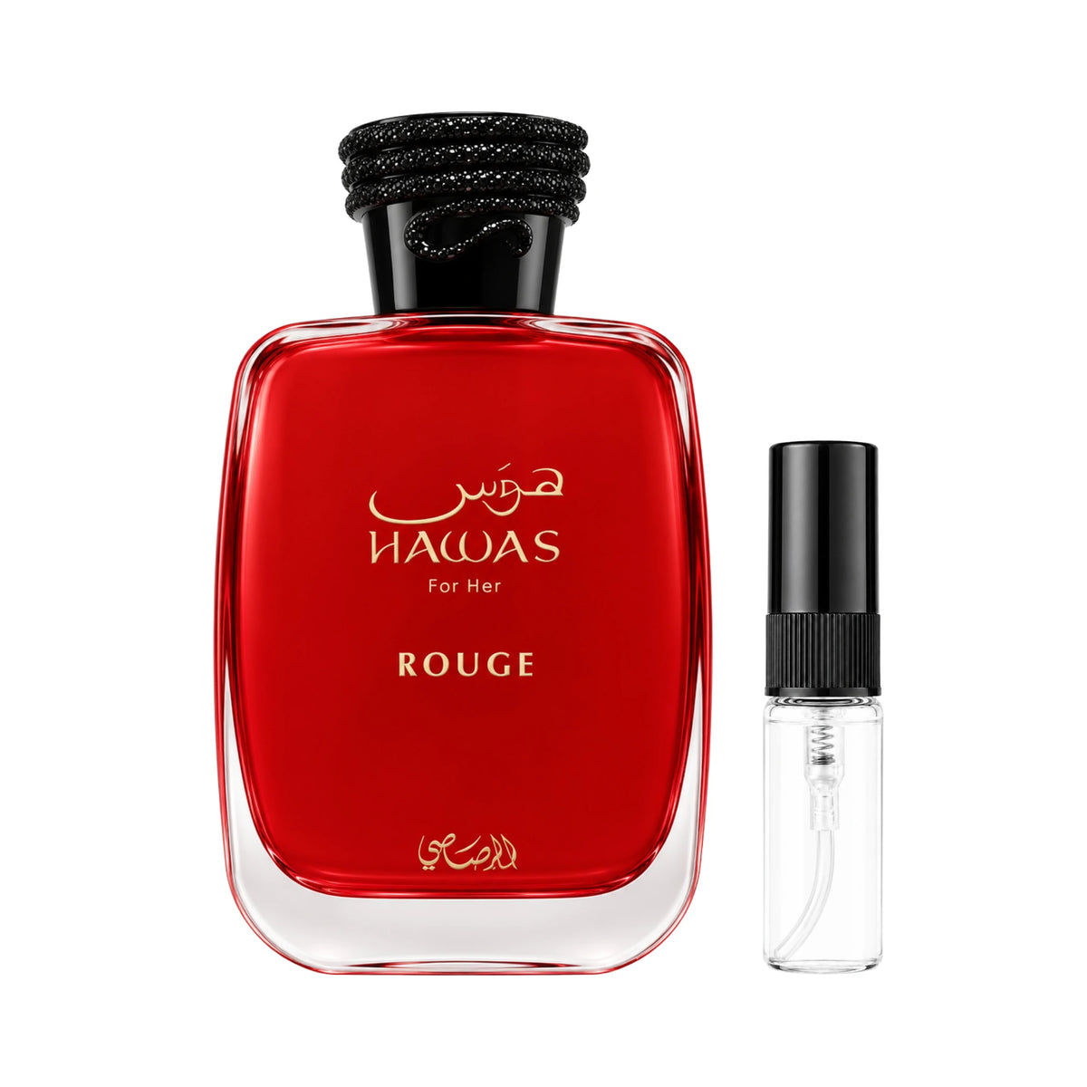Botella roja de Hawas Rouge Rasasi Eau de Parfum junto a un decant de muestra