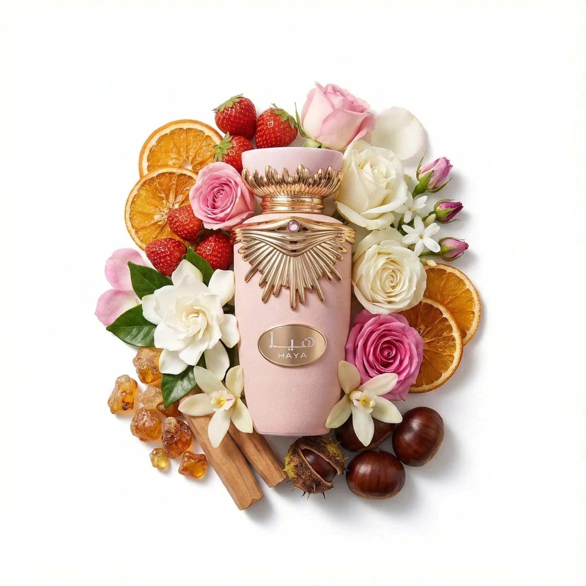 Haya_Lattafa_Eau_de_Parfum_Para_Mujer_Fondo_Blanco_Champaña_Fresa_Naranja_Rosa