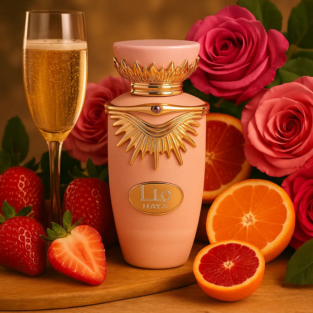 Haya Lattafa Eau de Parfum Para Mujer con fondo de flores