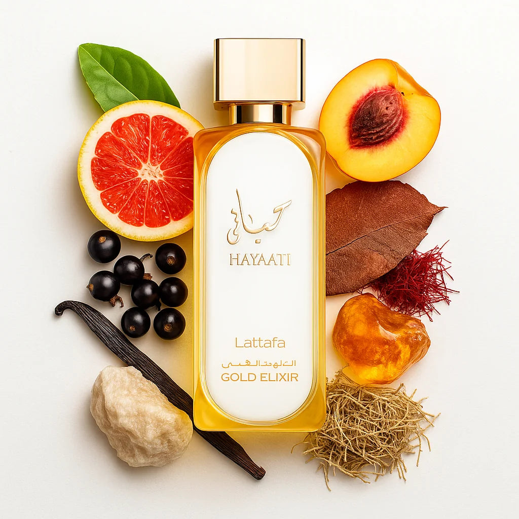 Hayaati_Gold_Elixir_Lattafa_Eau_de_Parfum_Unisex_Fondo_Blanco_Casis_Toronja