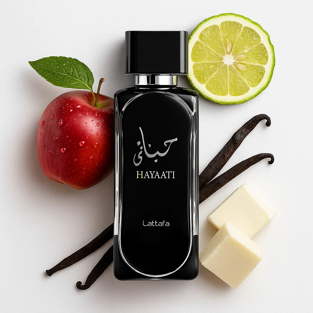 Hayaati Lattafa Eau de Parfum Para Hombre con fondo con sus ingredientes