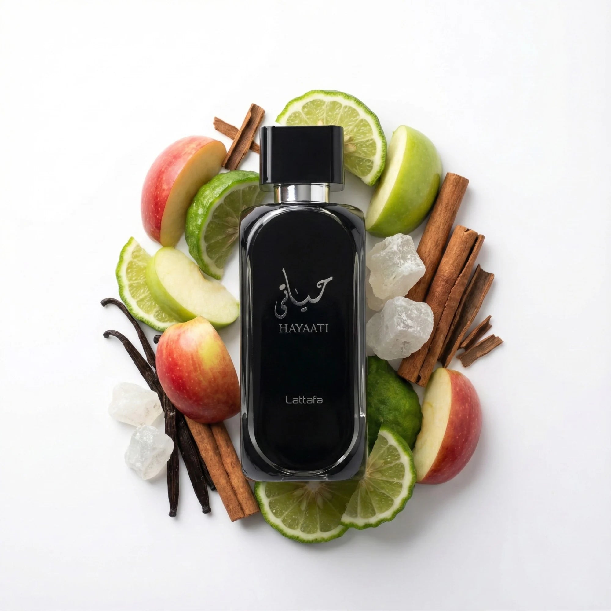Hayaati Lattafa Eau de Parfum Para Hombre con fondo con sus ingredientes