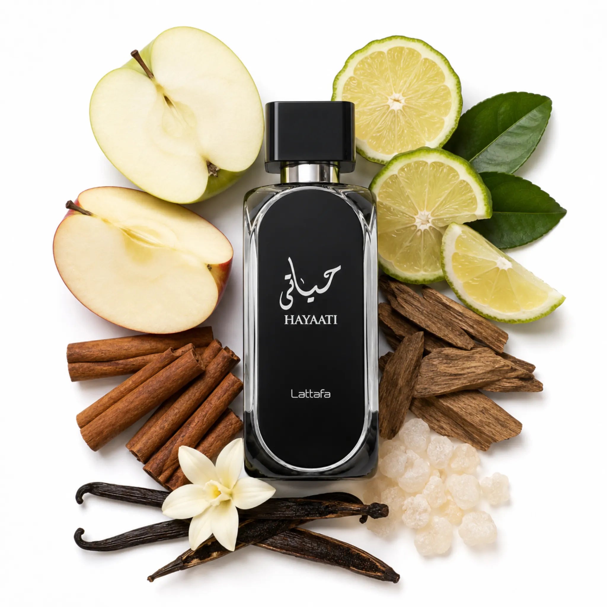 Hayaati Lattafa Eau de Parfum Para Hombre con fondo con sus ingredientes
