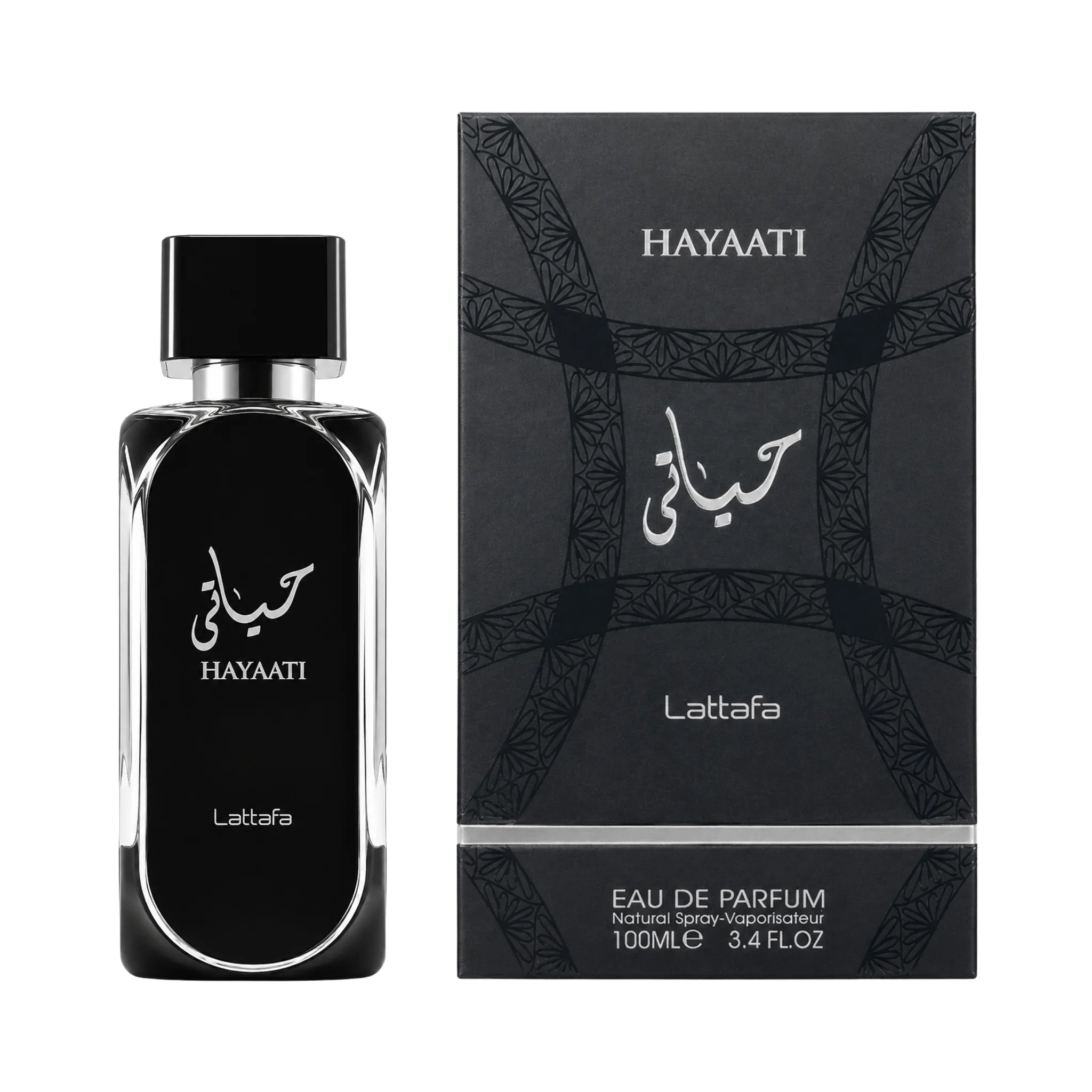 Foto frontal del Hayaati Lattafa Eau de Parfum Para Hombre con fondo blanco y su caja