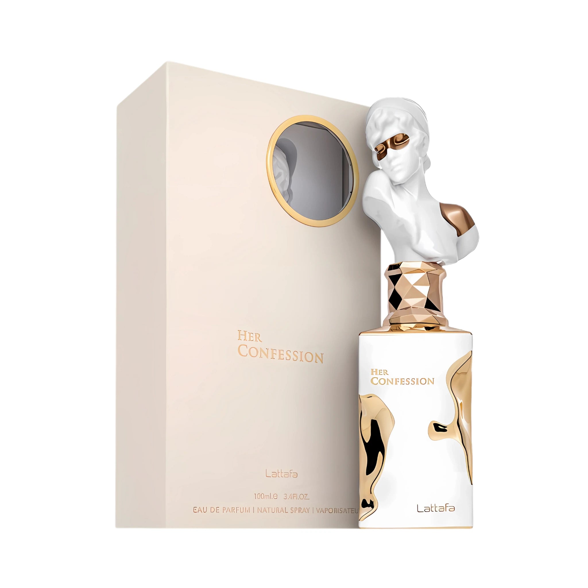 Frasco y caja de Her Confession Lattafa Eau de Parfum Para Mujer
