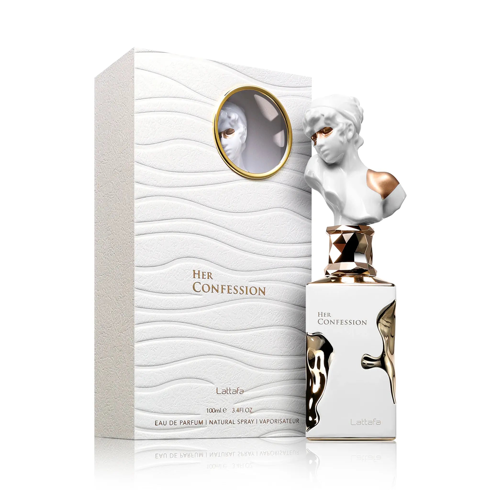 Frasco y caja de Her Confession Lattafa Eau de Parfum Para Mujer