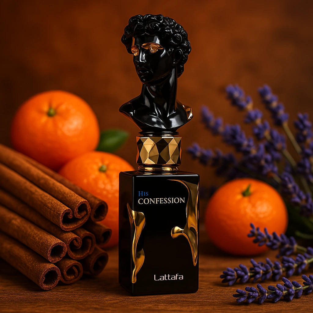 His Confession Lattafa Eau de Parfum Para Hombre con fondo de canela