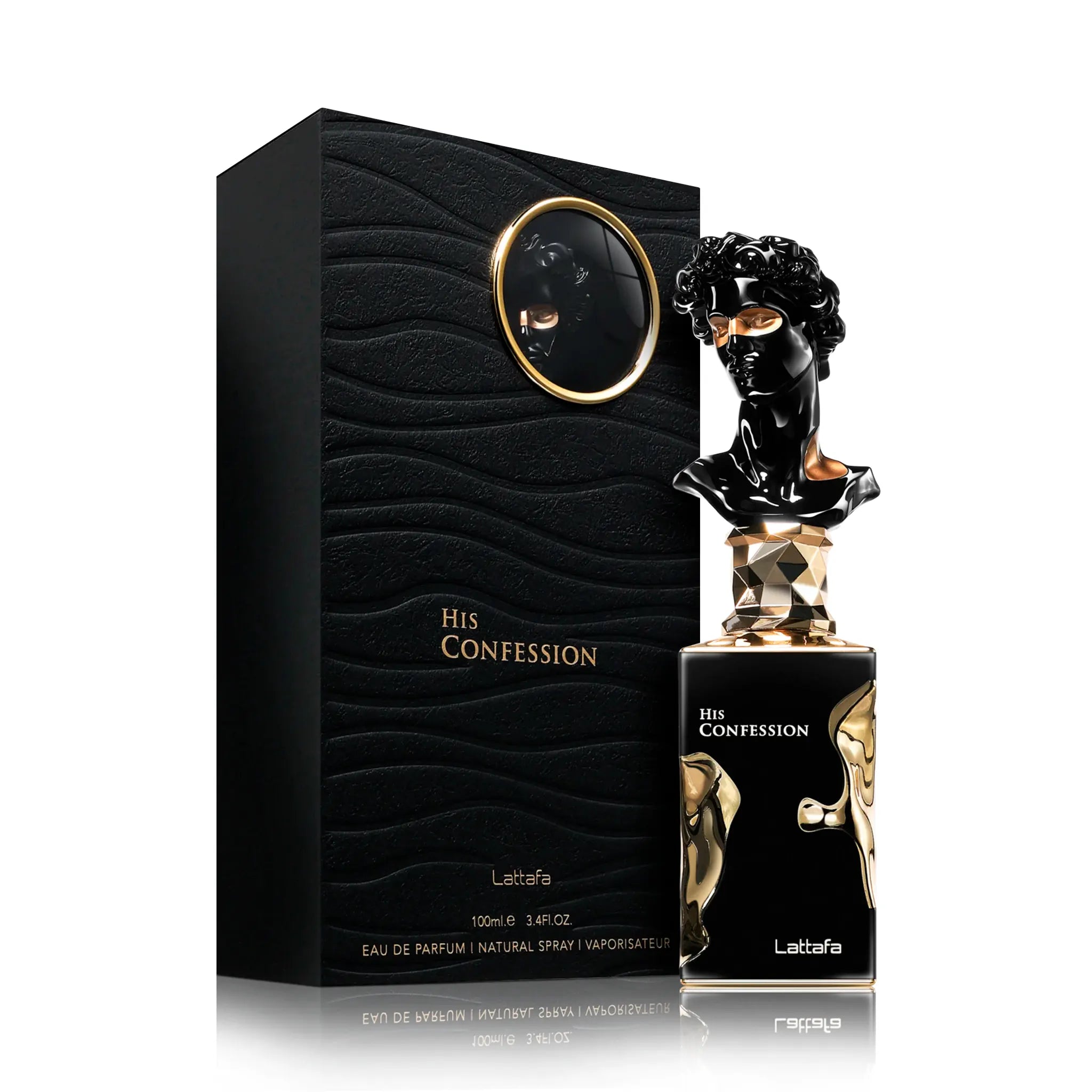 Frasco y caja de His Confession Lattafa Eau de Parfum Para Hombre