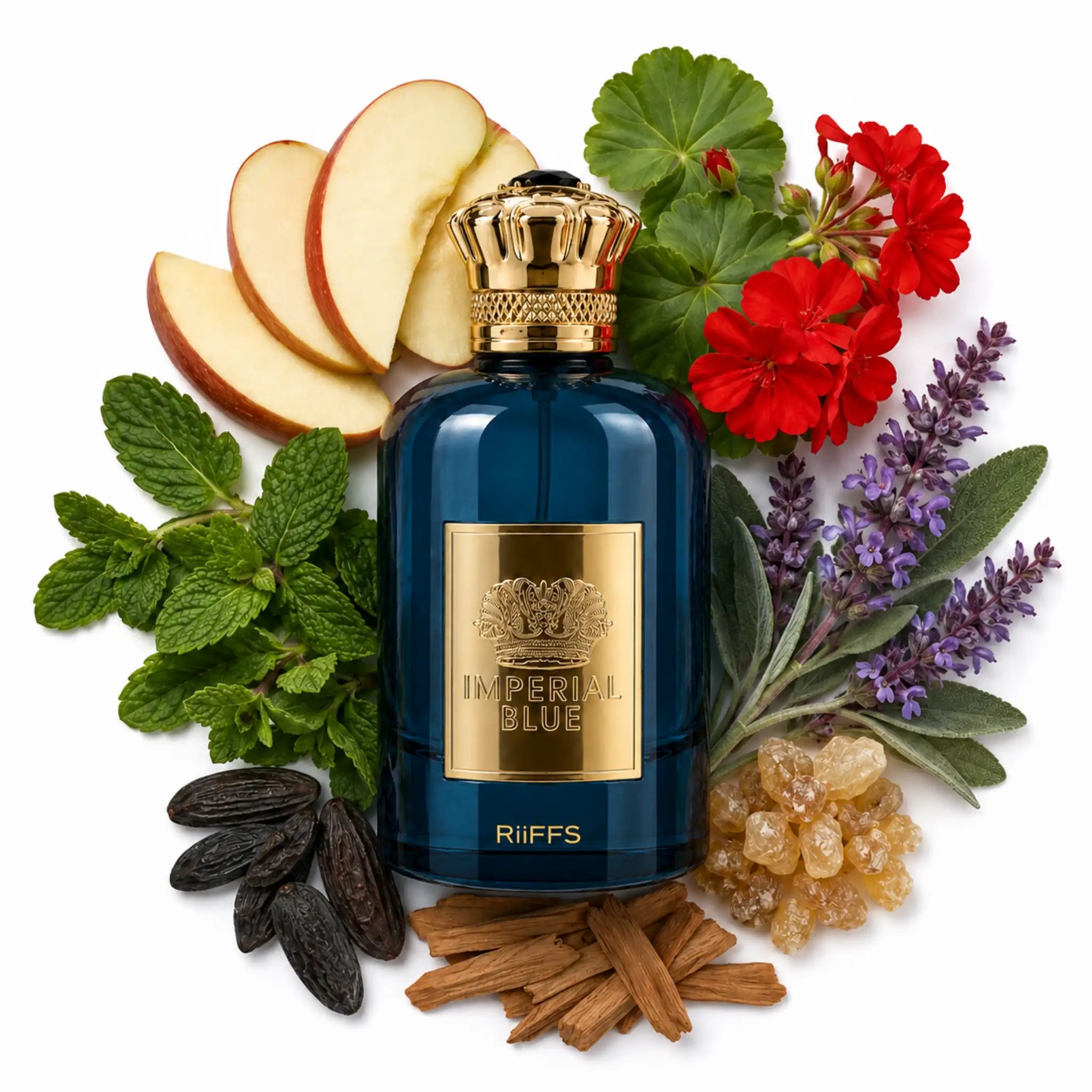 Botella con ingredientes del perfume Imperial Blue Riiffs Eau de Parfum