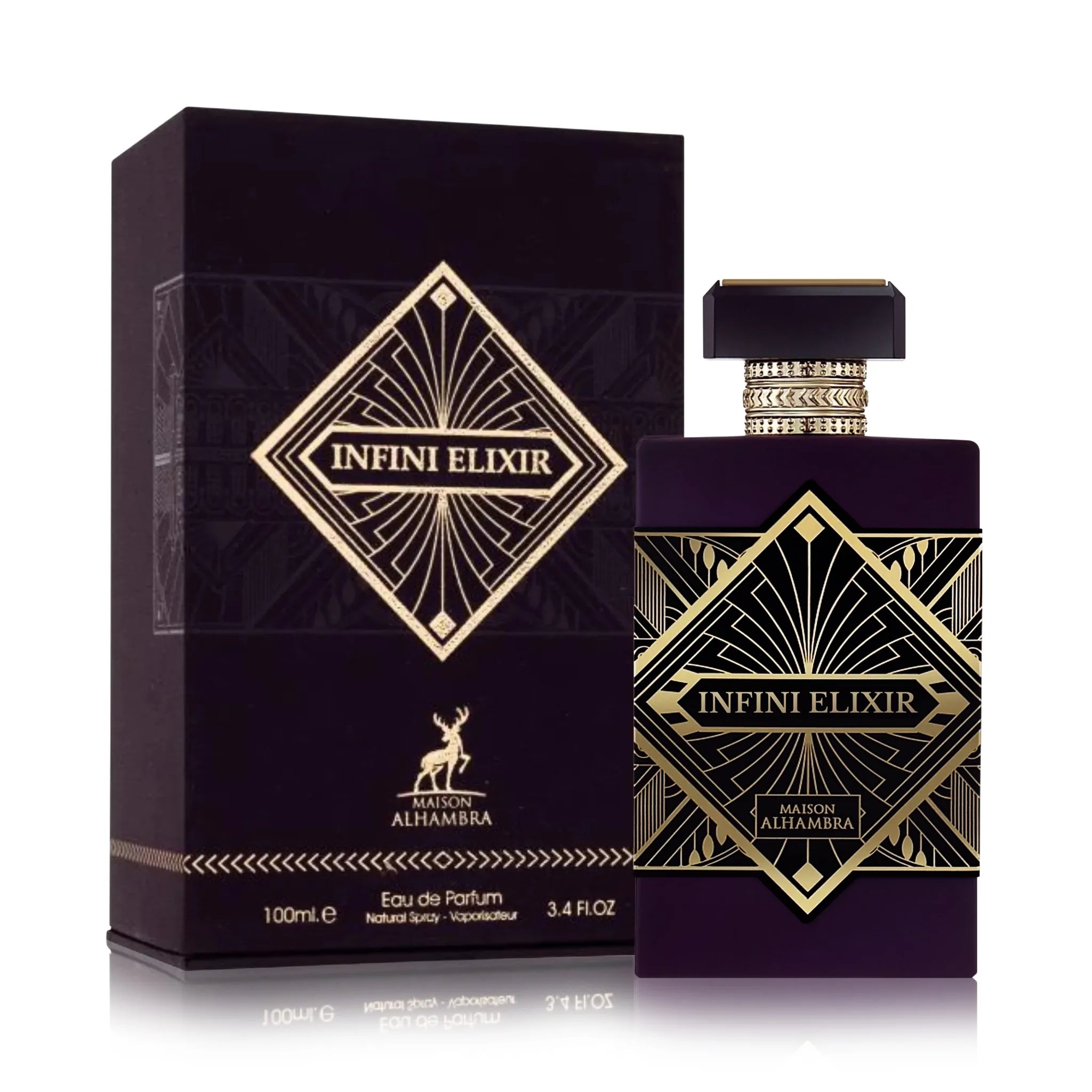 Foto frontal del Infini Elixir Maison Alhambra Eau de Parfum Para Mujer fondo blanco con su caja