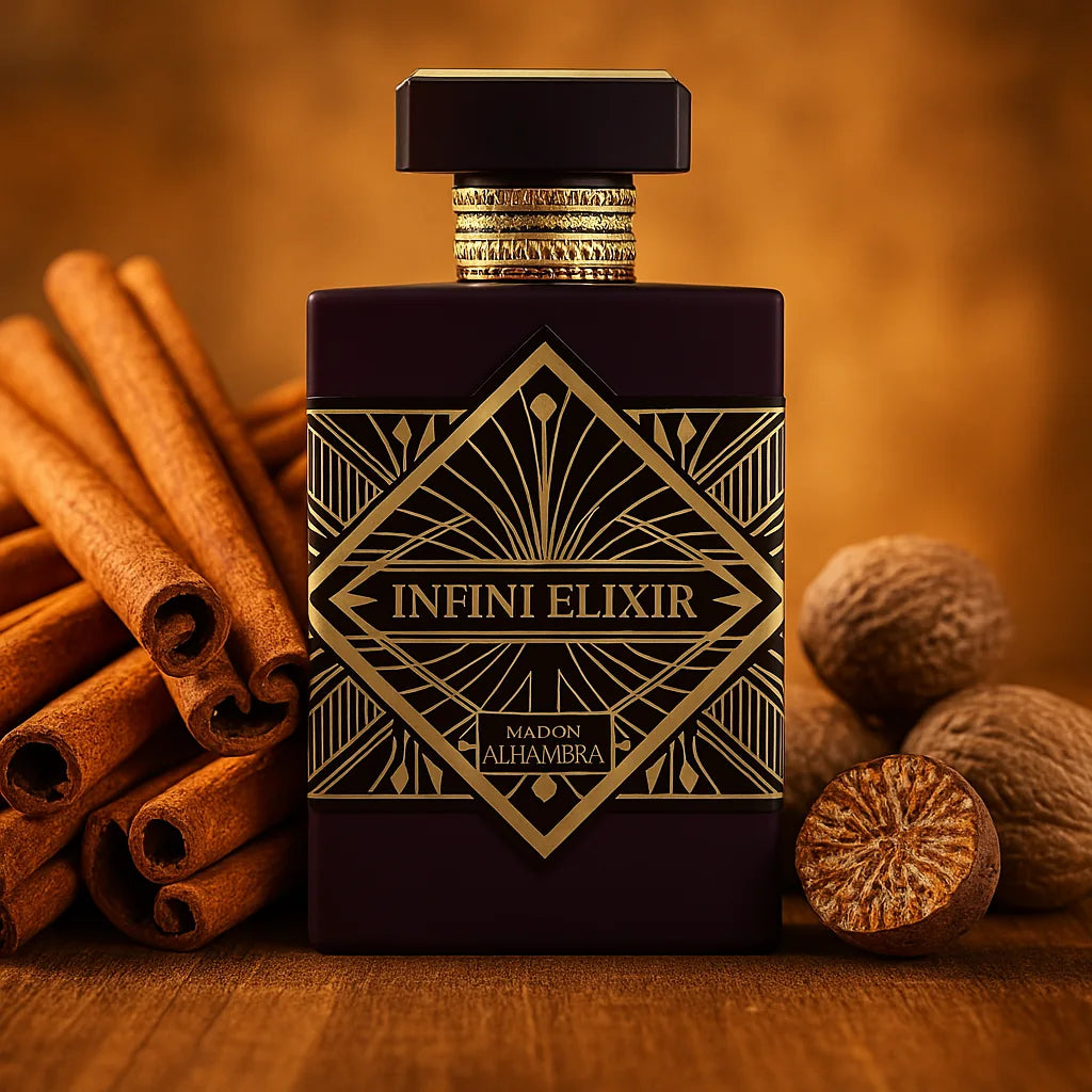 Infini Elixir Maison Alhambra Eau de Parfum Para Mujer con fondo de canela