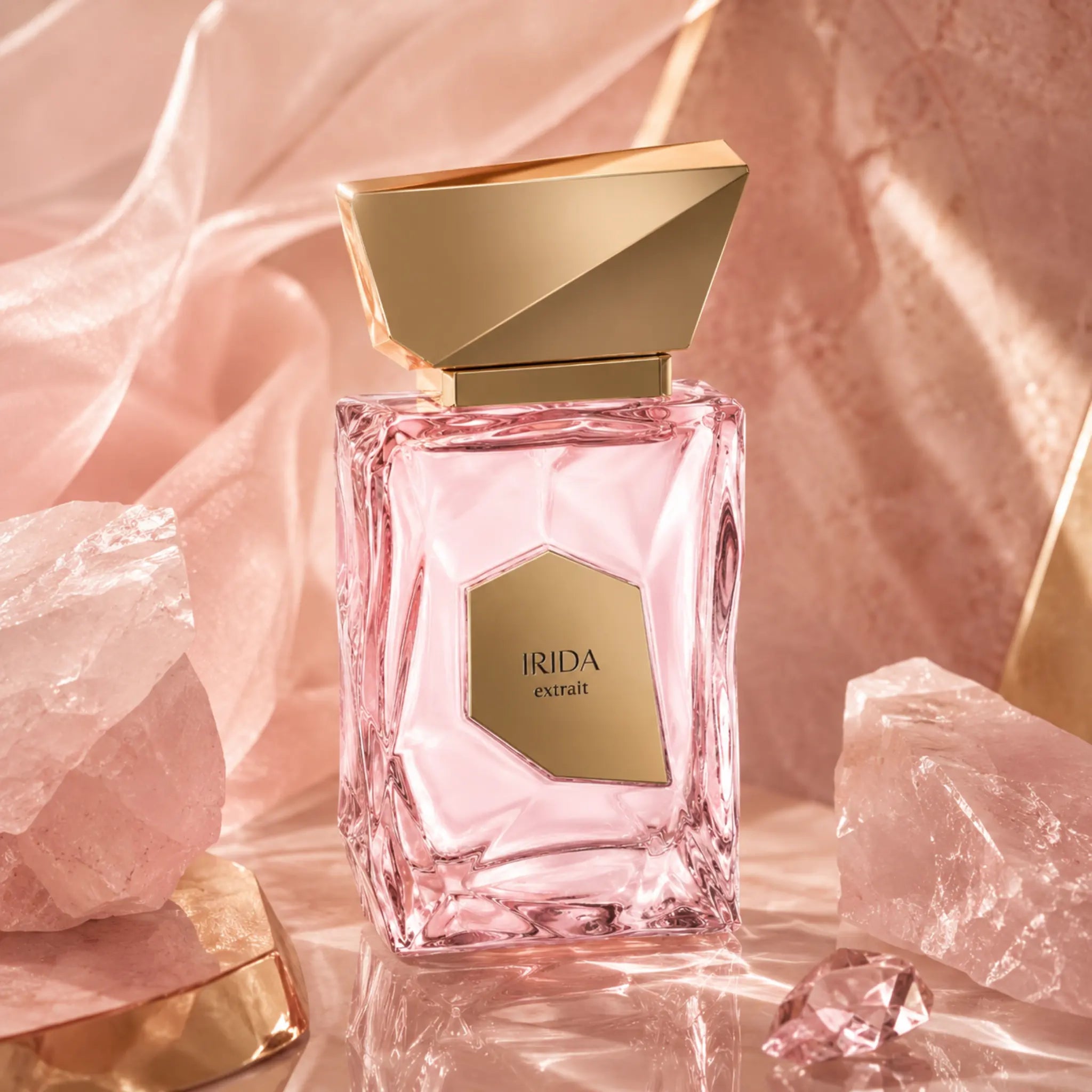 Irida French Avenue Eau de Parfum con fondo rosado y cristales