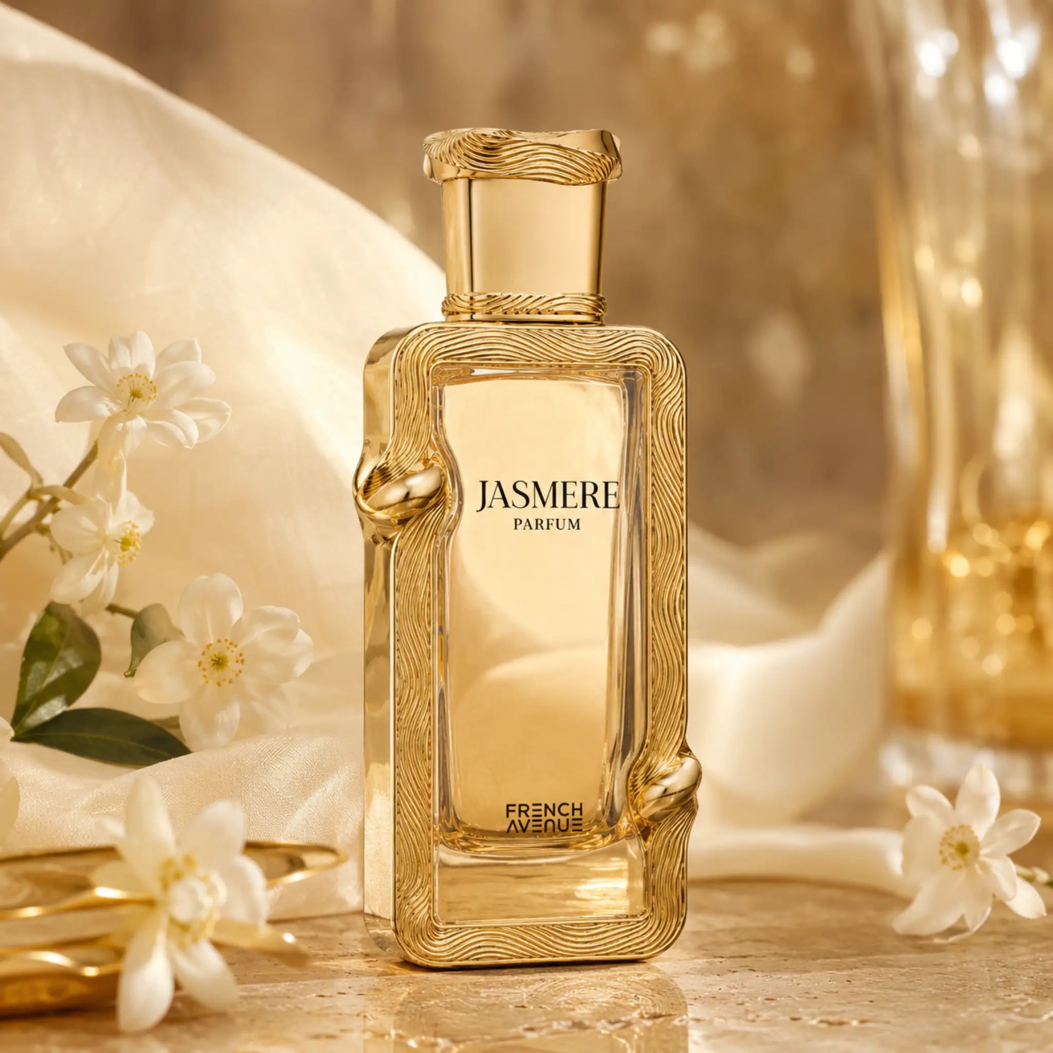 Jasmere French Avenue Extrait de Parfum con fondo dorado