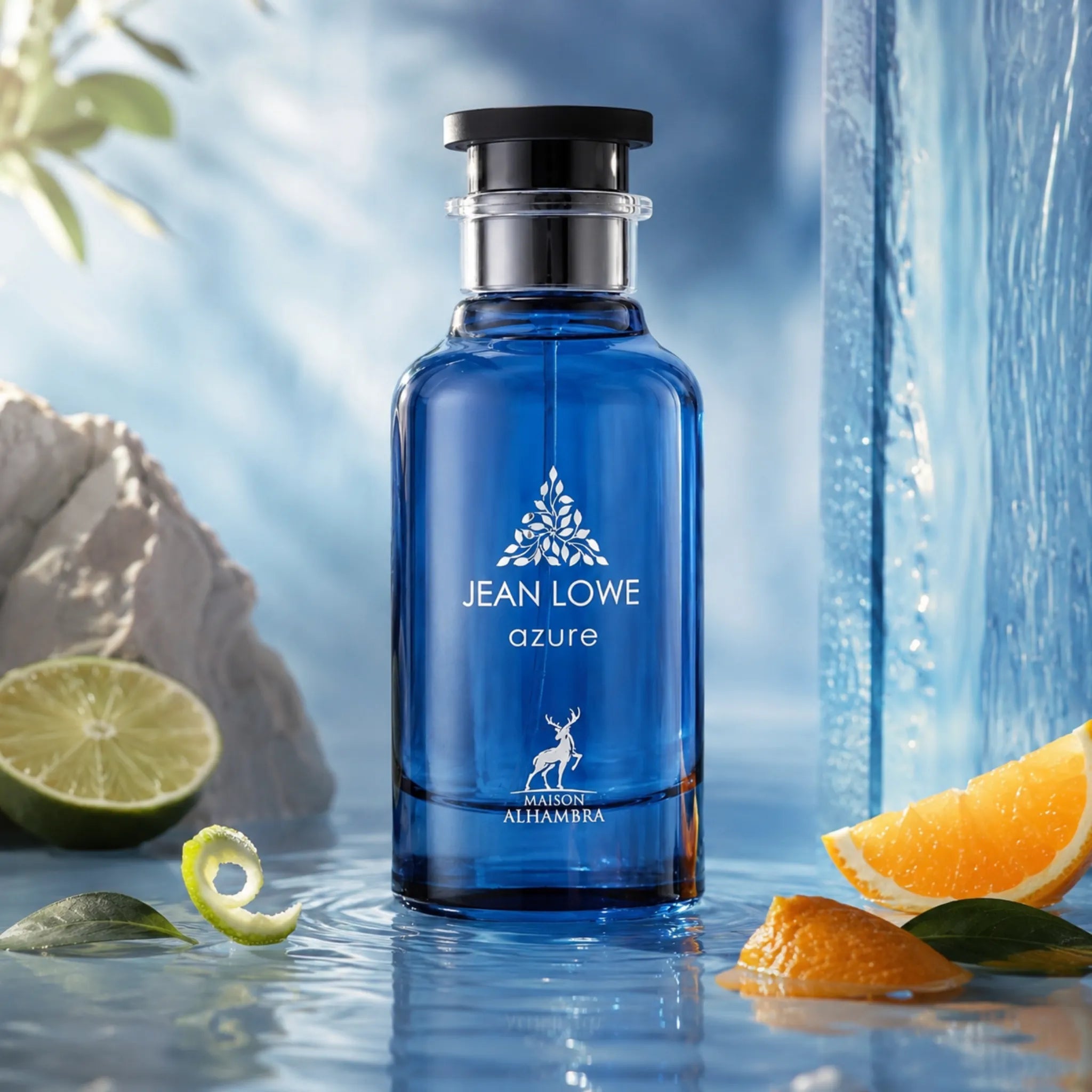 Jean Lowe Azure Maison Alhambra Eau de Parfum con fondo de agua y frutas