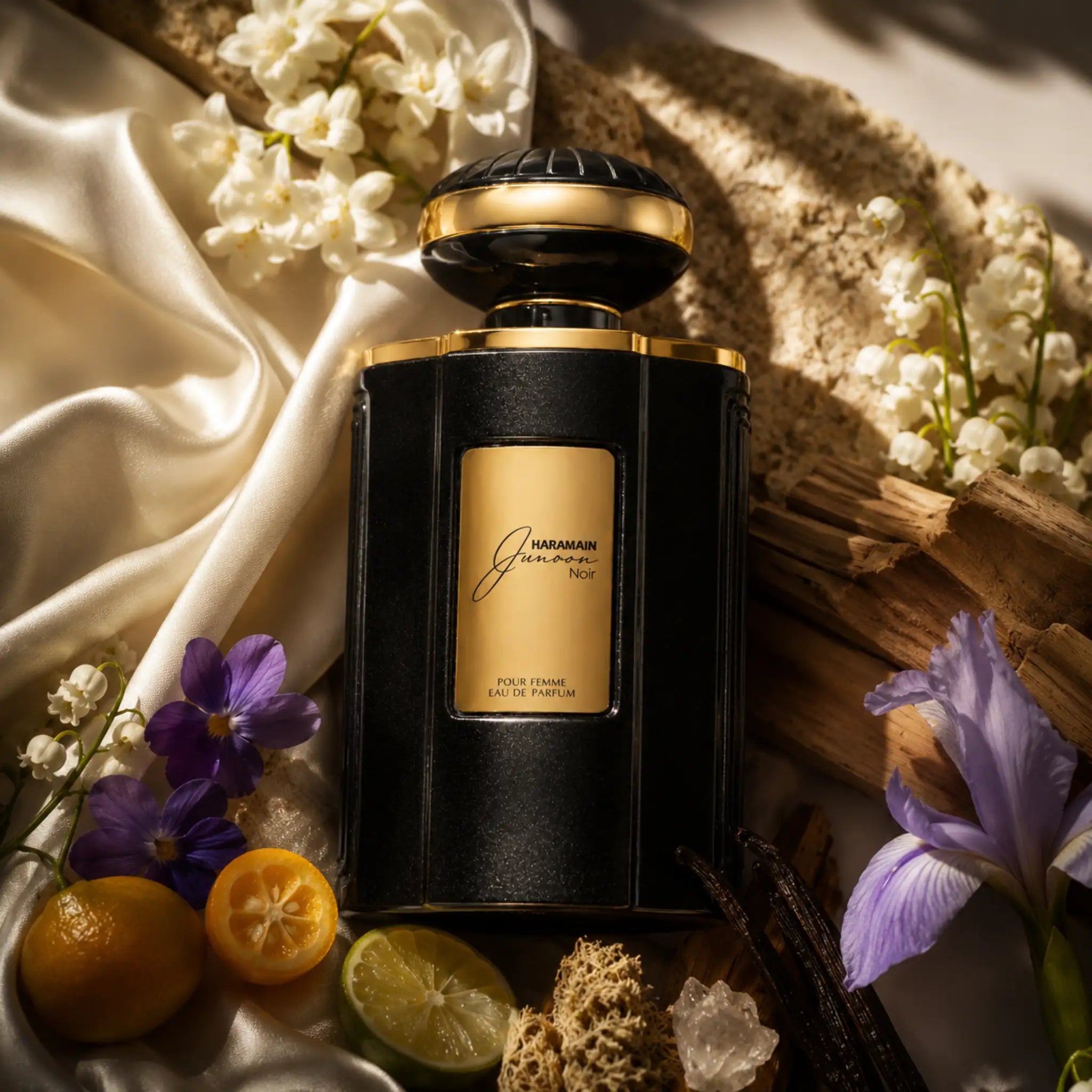 Junoon Noir Al Haramain Eau de Parfum Para Mujer con fondo creativo de flores