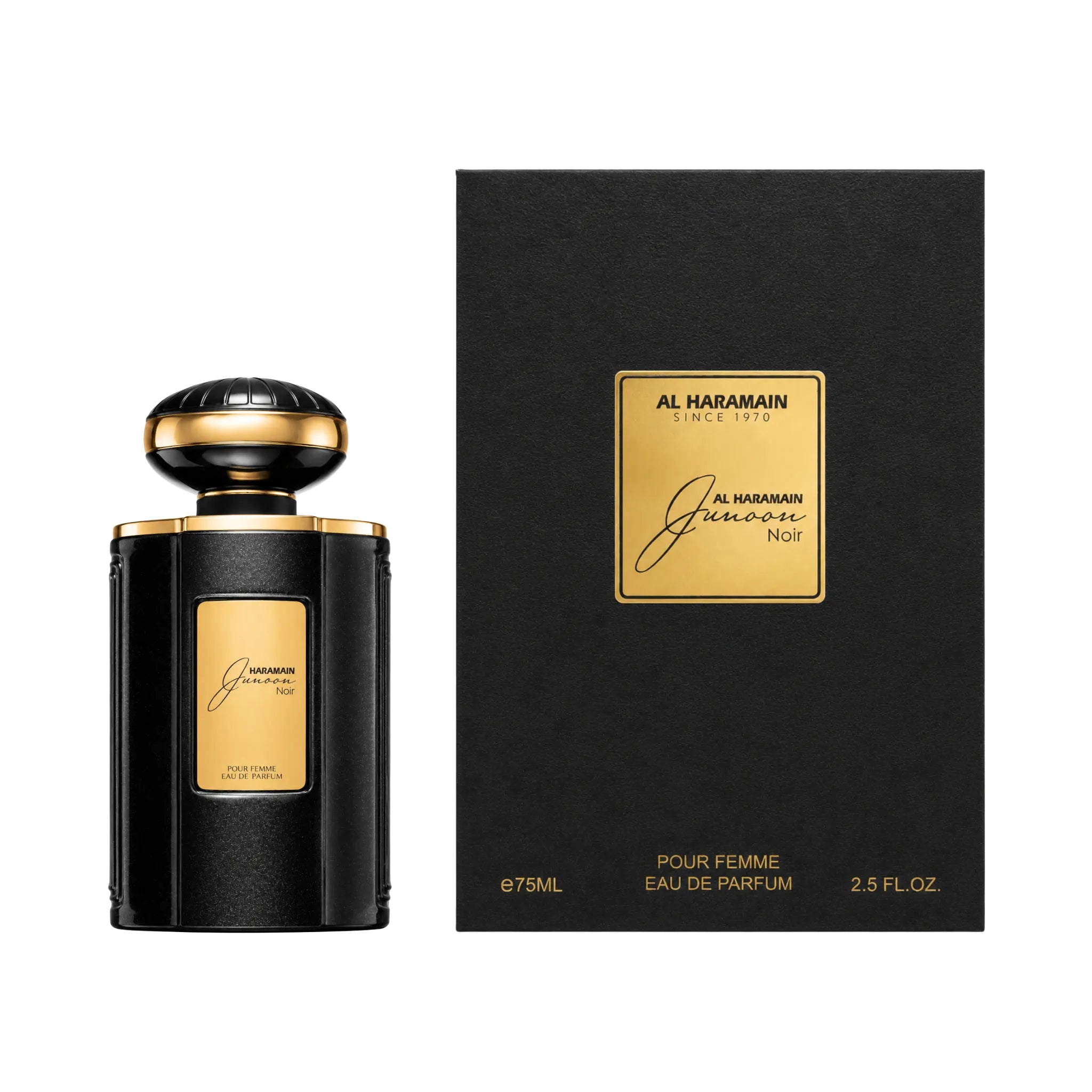 Junoon Noir Al Haramain Eau de Parfum Para Mujer de frente con fondo blanco y su caja