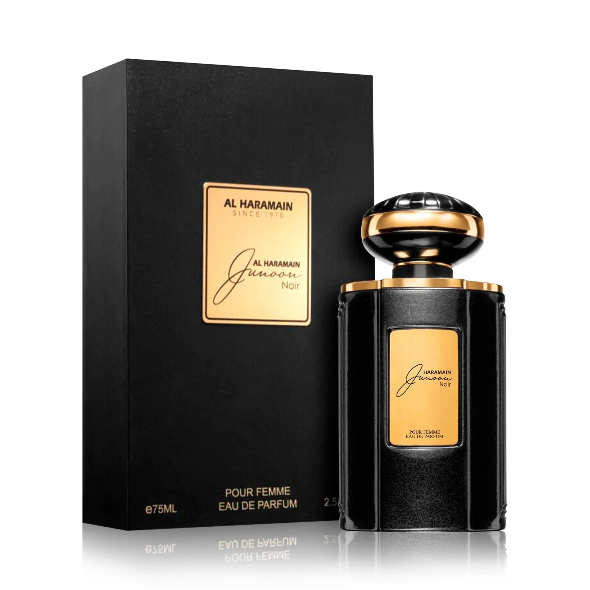 Junoon Noir Al Haramain Eau de Parfum Para Mujer de frente con fondo blanco y su caja