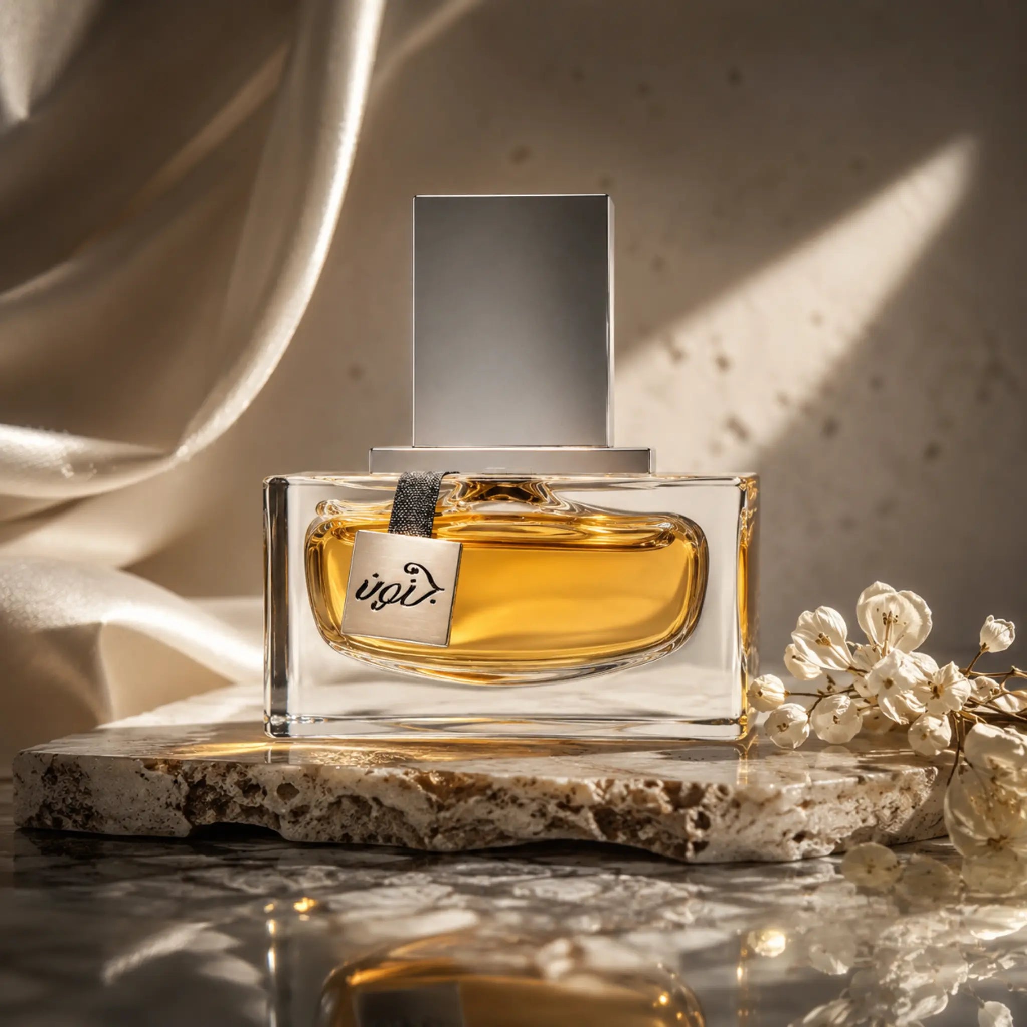Junoon Satin Pour Homme Rasasi Eau de Parfum Para Hombre con fondo creativo con petalos