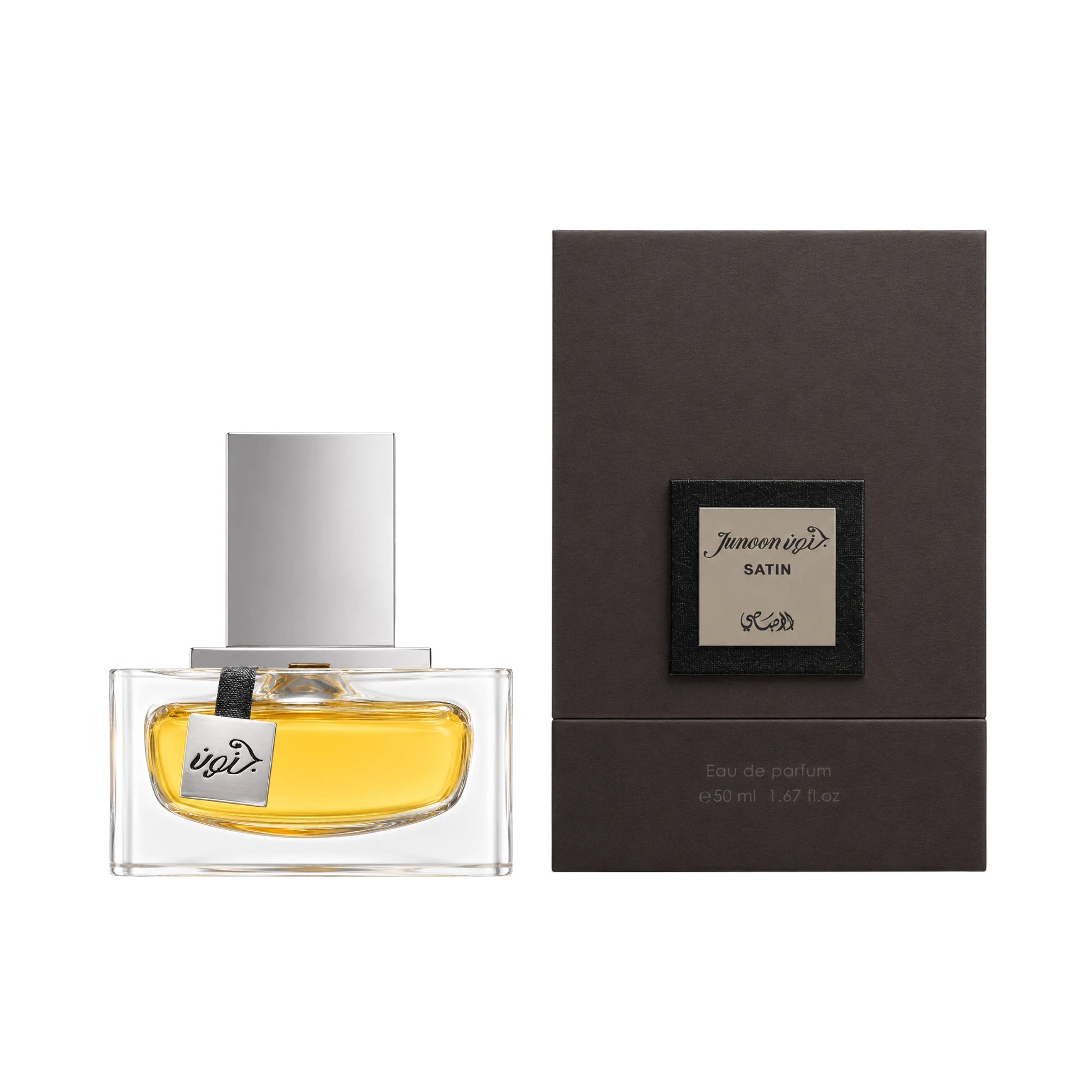 Frasco y caja del perfume Junoon Satin Pour Homme Rasasi Eau de Parfum Para Hombre