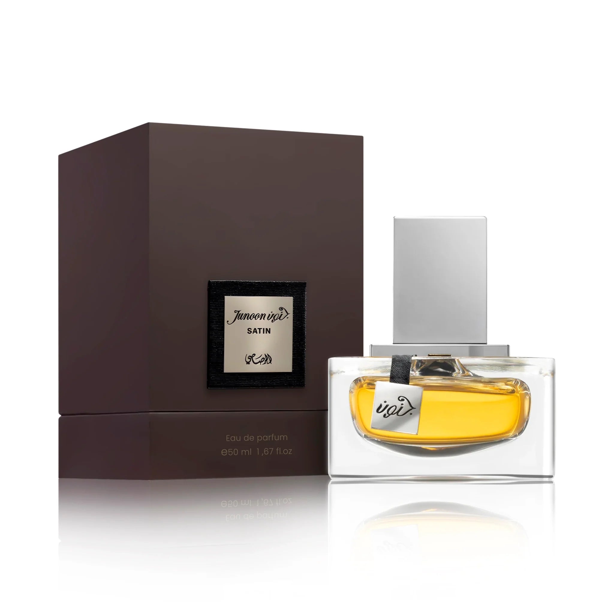 Frasco y caja del perfume Junoon Satin Pour Homme Rasasi Eau de Parfum Para Hombre