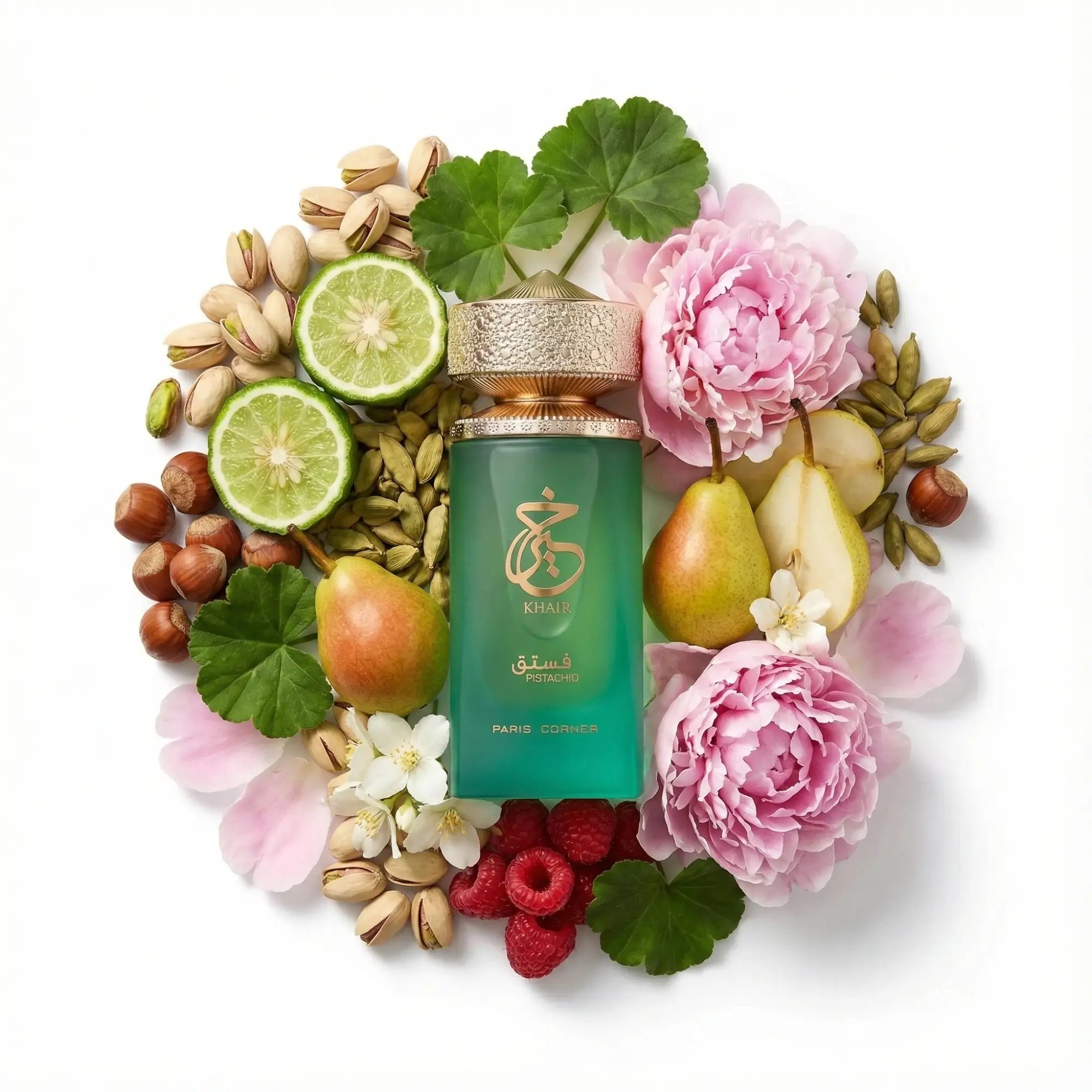 Khair_Pistachio_Paris_Corner_Eau_de_Parfum_Unisex_Fondo_Blanco_Pistacho_Helado_Bergamota_Avellana_Caramomo_Ron_Pera_Jazmin