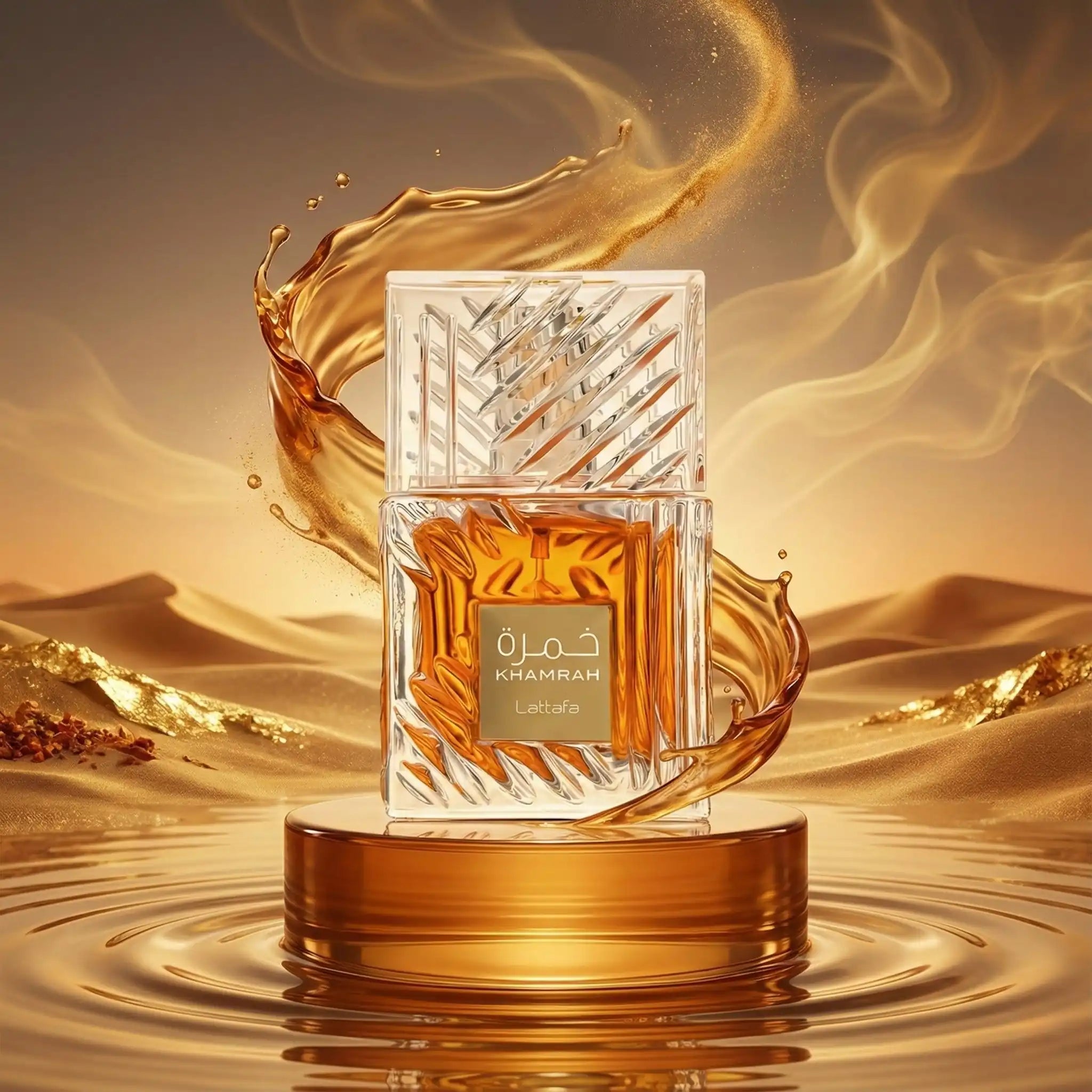 Khamrah Lattafa Eau de Parfum Unisex con fondo dorado