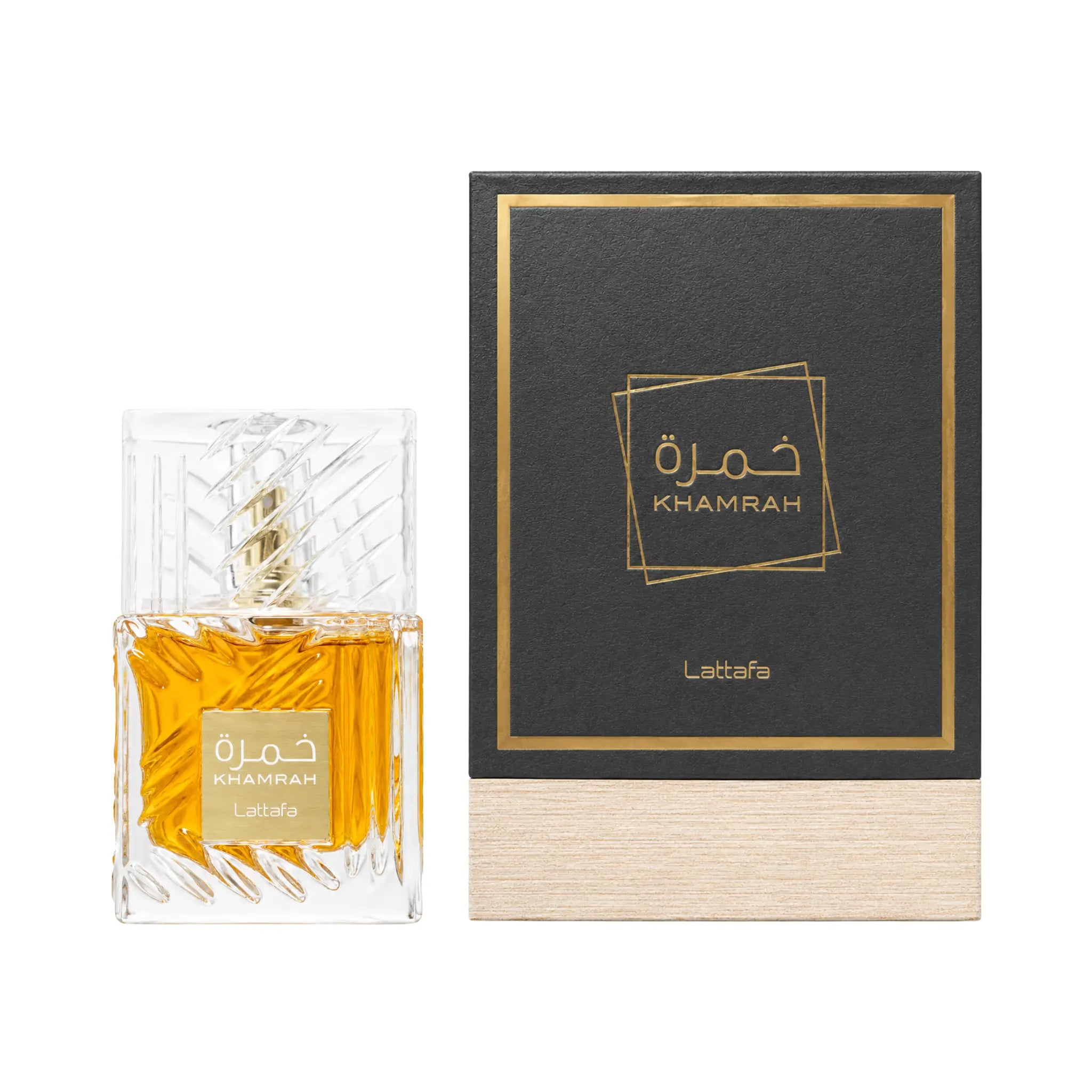 Foto fondo blanco del perfume Khamrah Lattafa Eau de Parfum Unisex con su caja