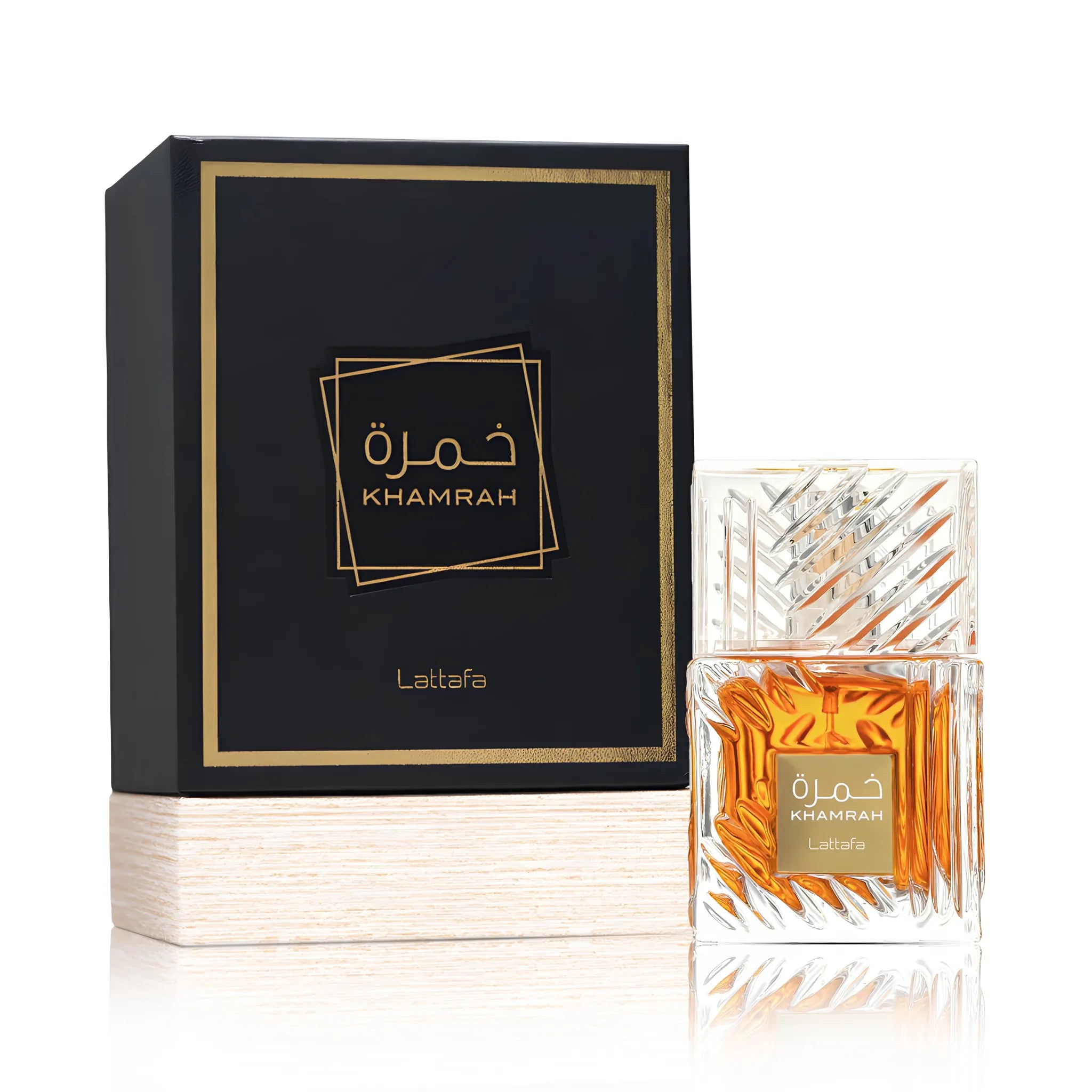Foto fondo blanco del perfume Khamrah Lattafa Eau de Parfum Unisex con su caja